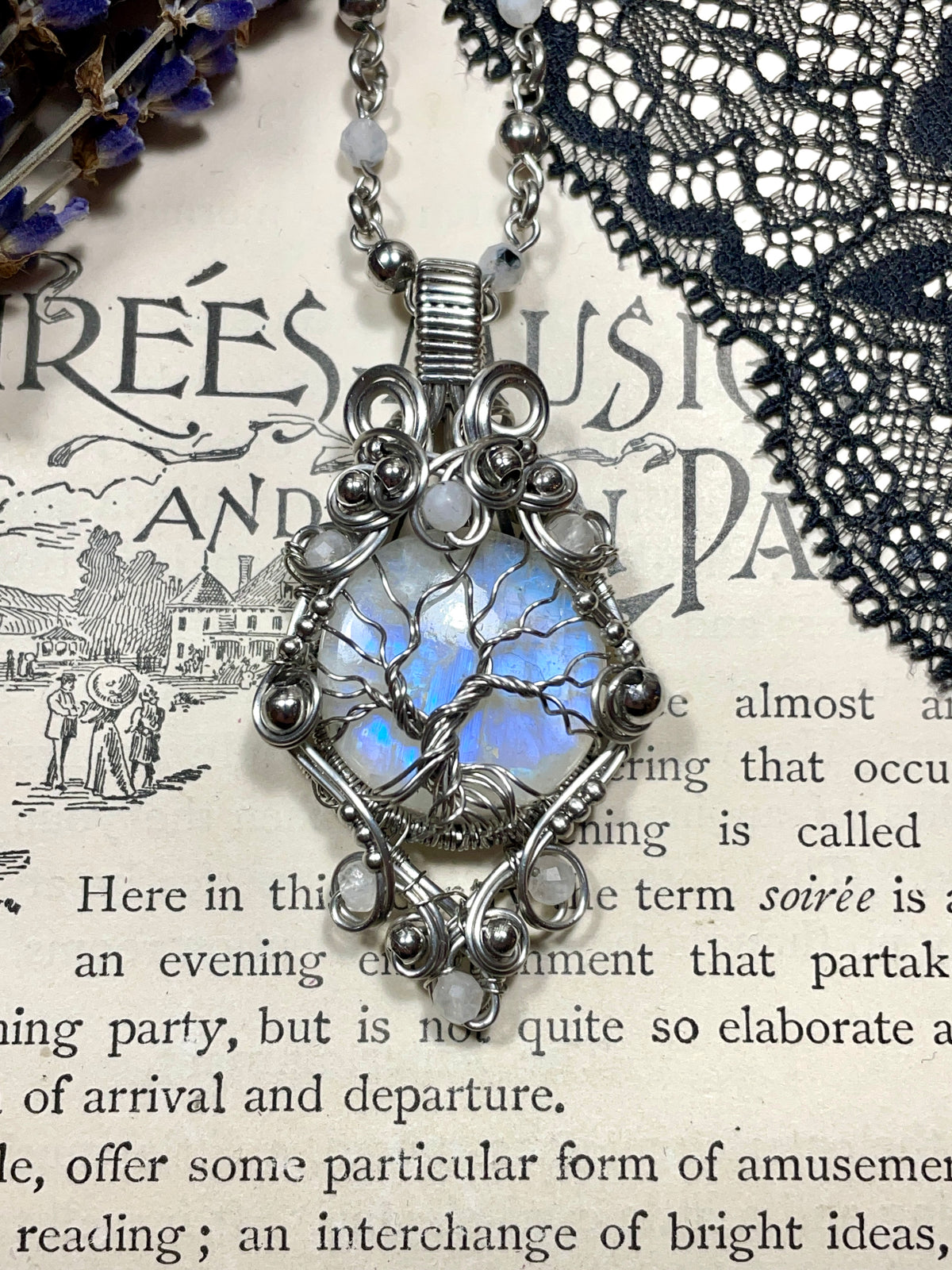 Moonstone (Rainbow Moonstone) Tree of Life Pendant in Stainless Steel