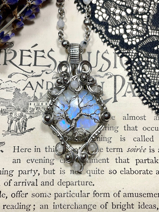 Moonstone (Rainbow Moonstone) Tree of Life Pendant in Stainless Steel