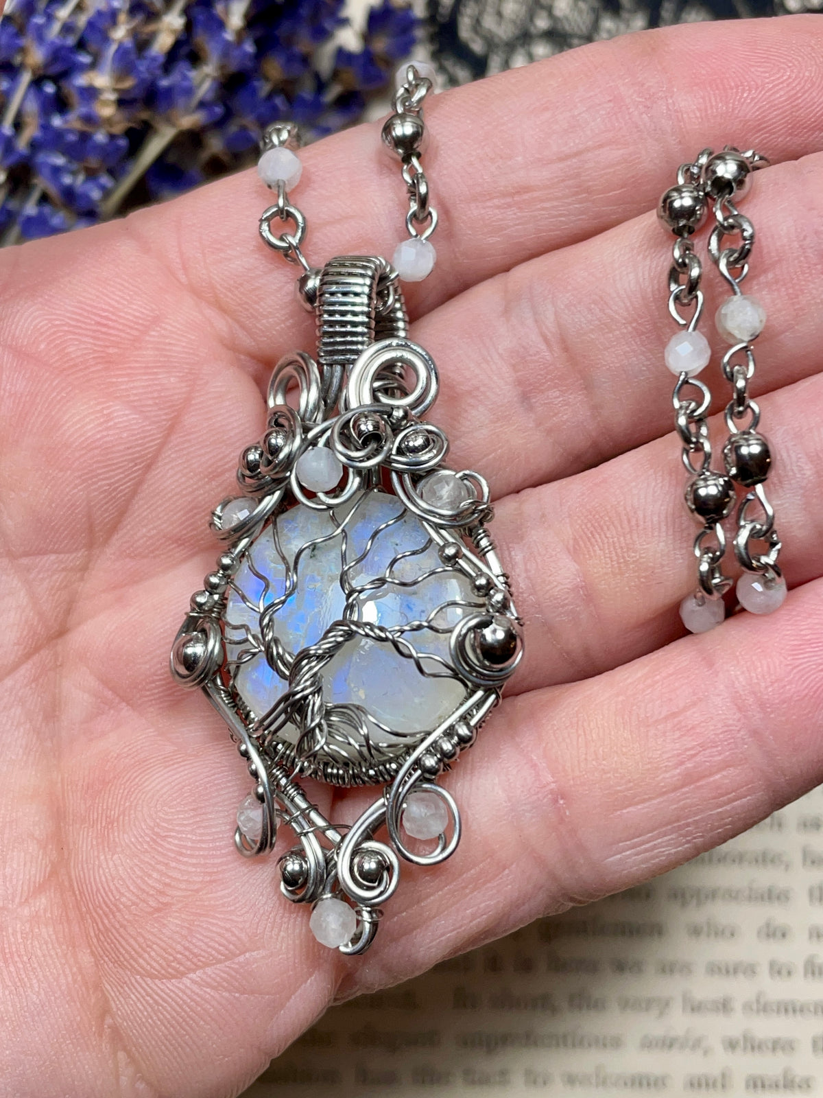 Moonstone (Rainbow Moonstone) Tree of Life Pendant in Stainless Steel