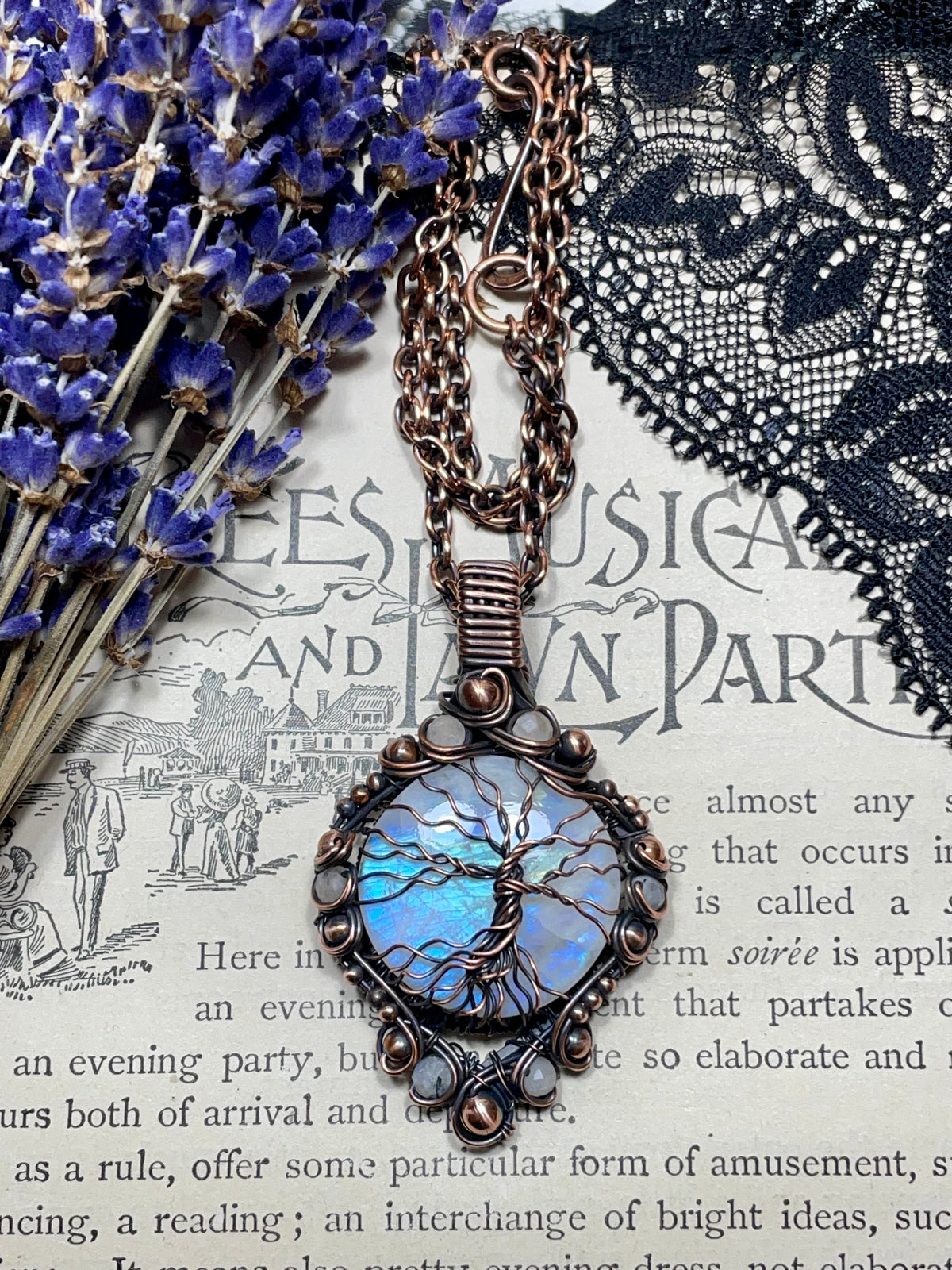 Moonstone (Rainbow Moonstone) Tree of Life Pendant in Antiqued Copper