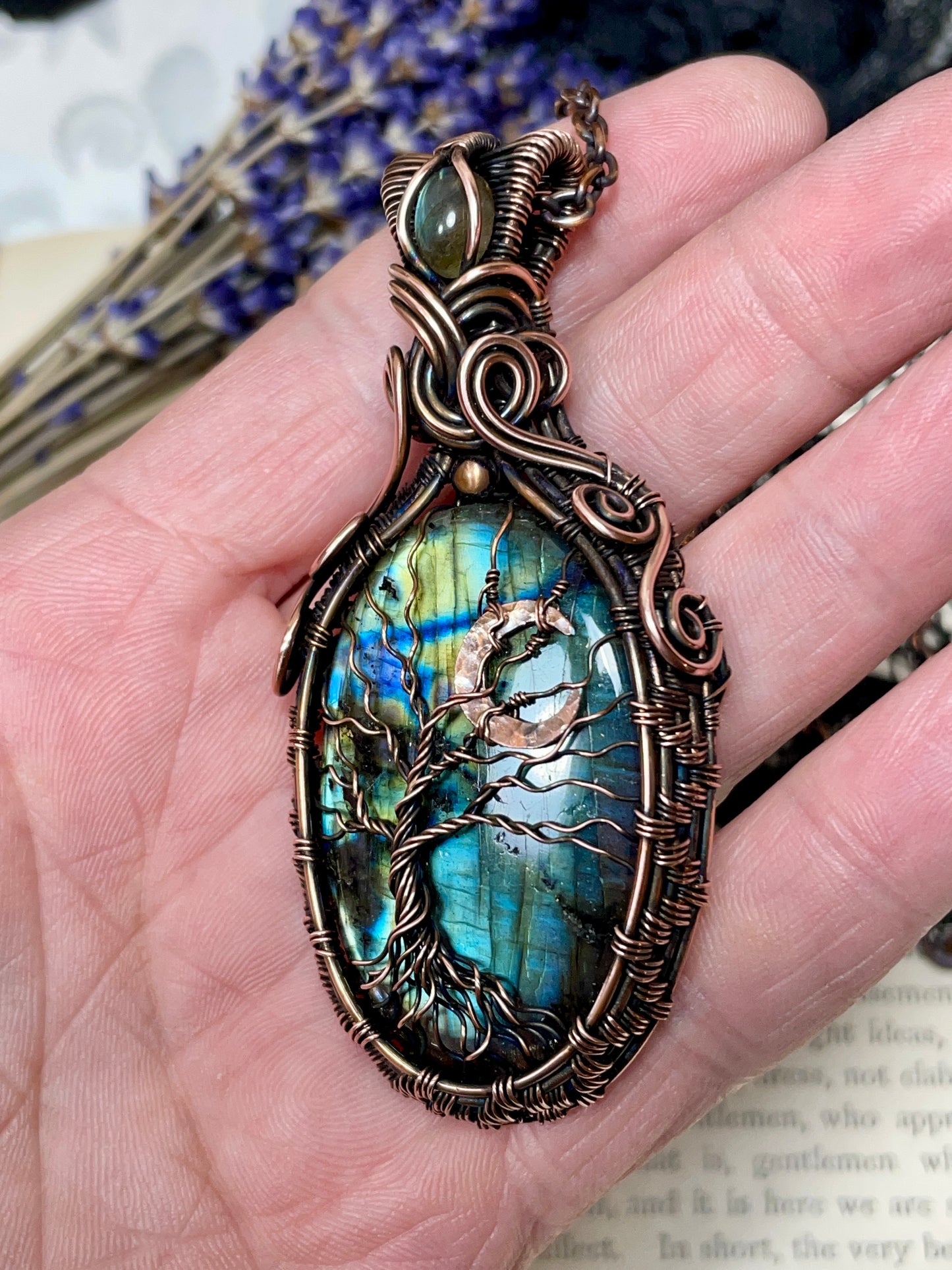 Labradorite Crescent Moon Tree of Life Amulet in Copper