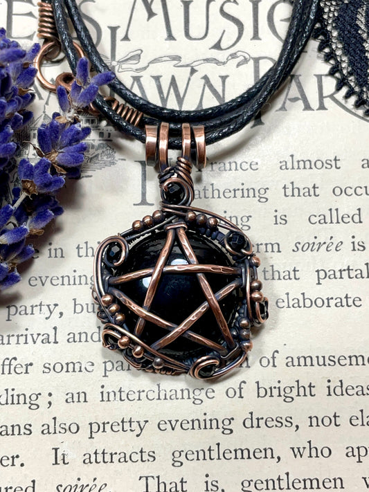 Onyx and Spinel Pentacle Pendant in Antiqued Copper