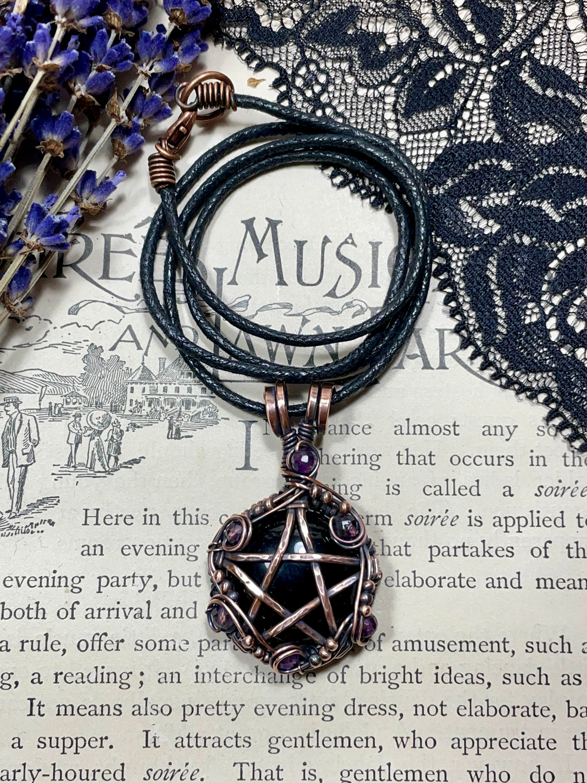 Onyx and Amethyst Pentacle Pendant in Antiqued Copper