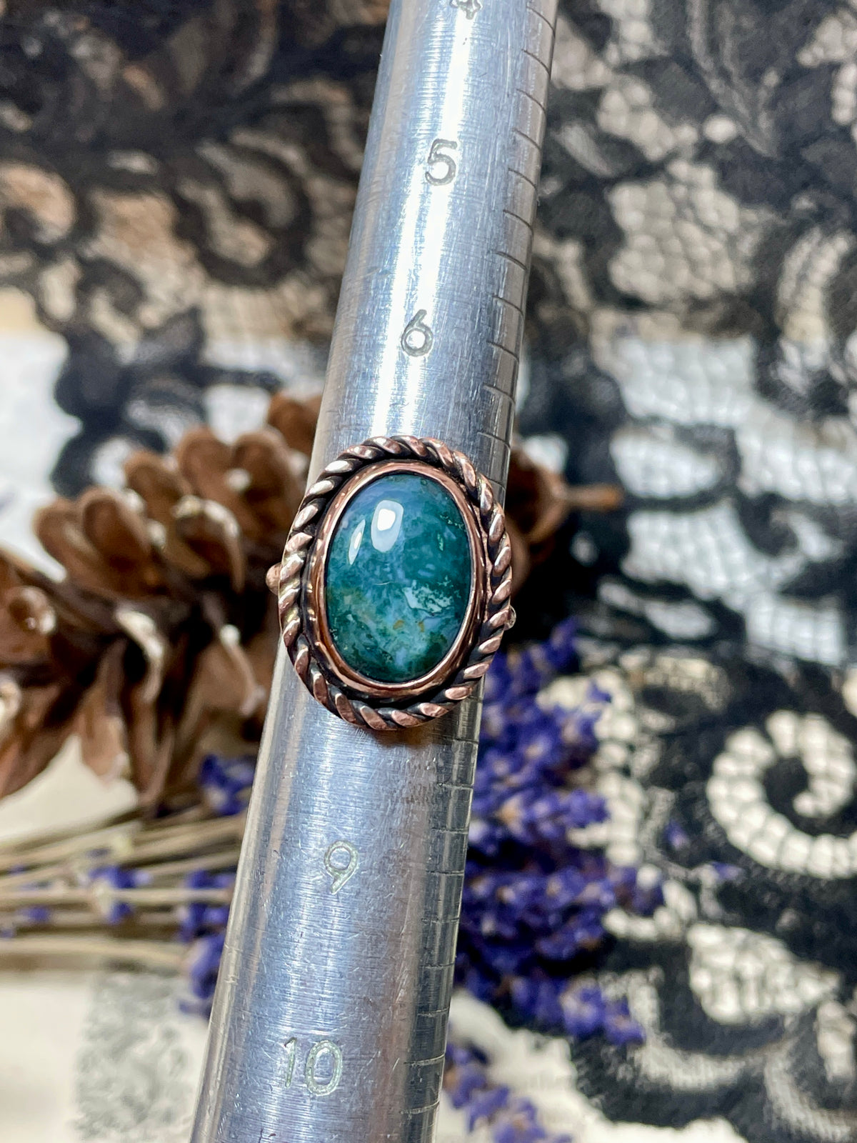 Moss Agate Copper Ring Size 7.5
