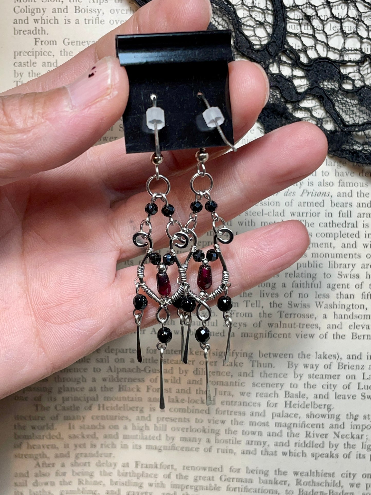 Onyx and Garnet Chandelier Earrings in Stainless Steel