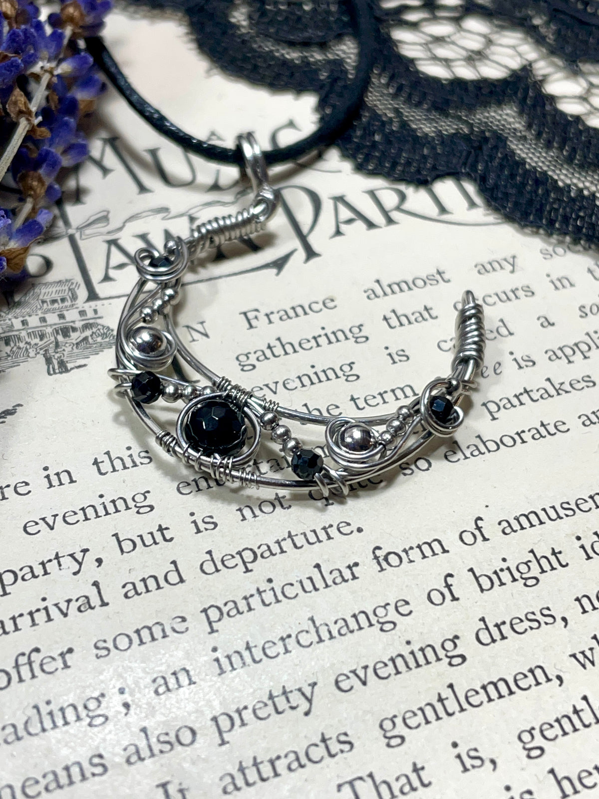 Onyx and Spinel Crescent Moon Pendant in Stainless Steel (Copy)