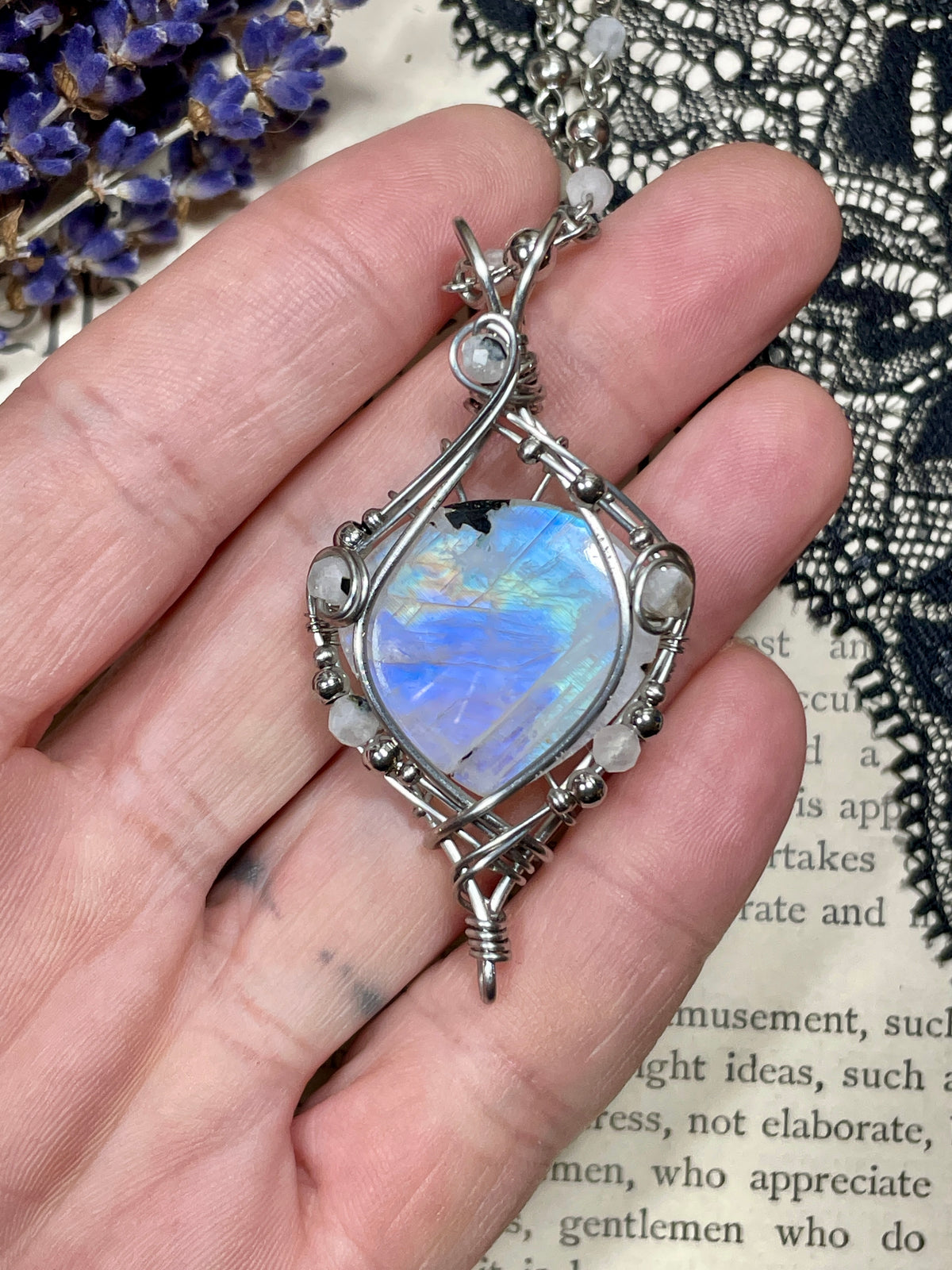 Moonstone (Rainbow Moonstone) Pendant in Stainless Steel
