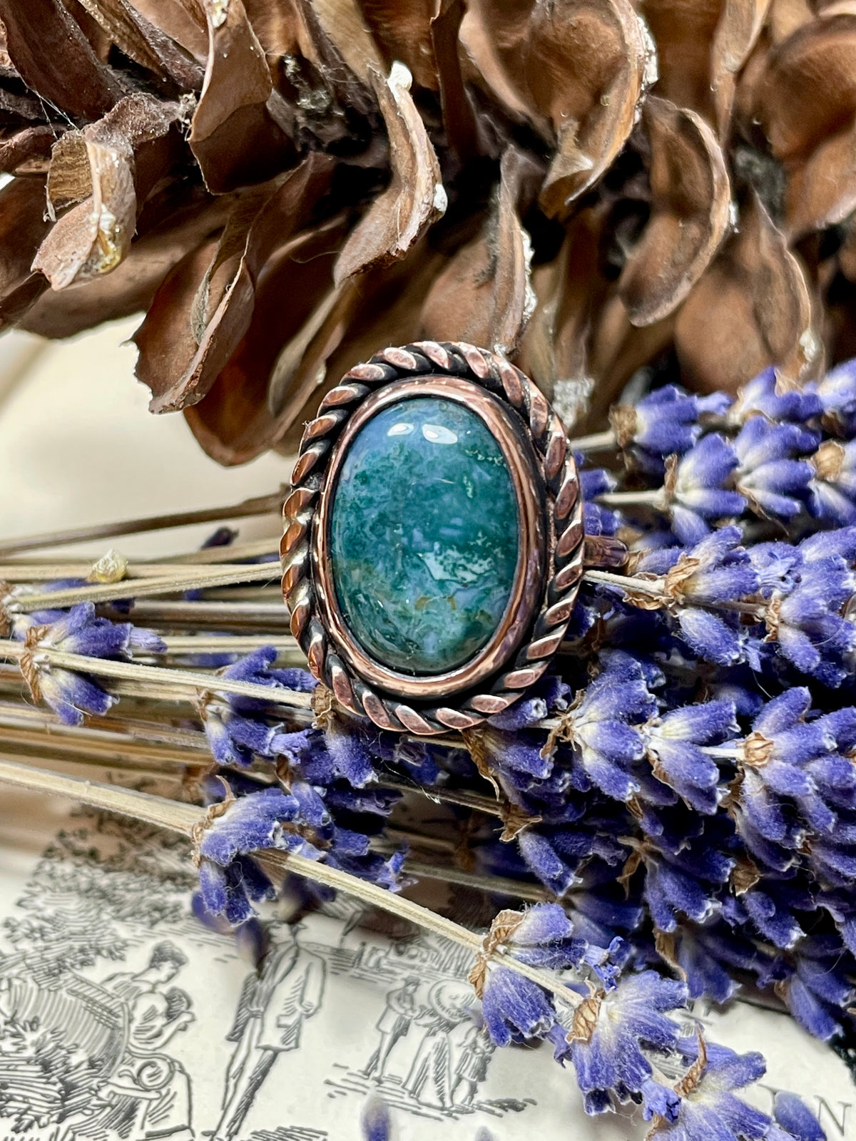 Moss Agate Copper Ring Size 7.5