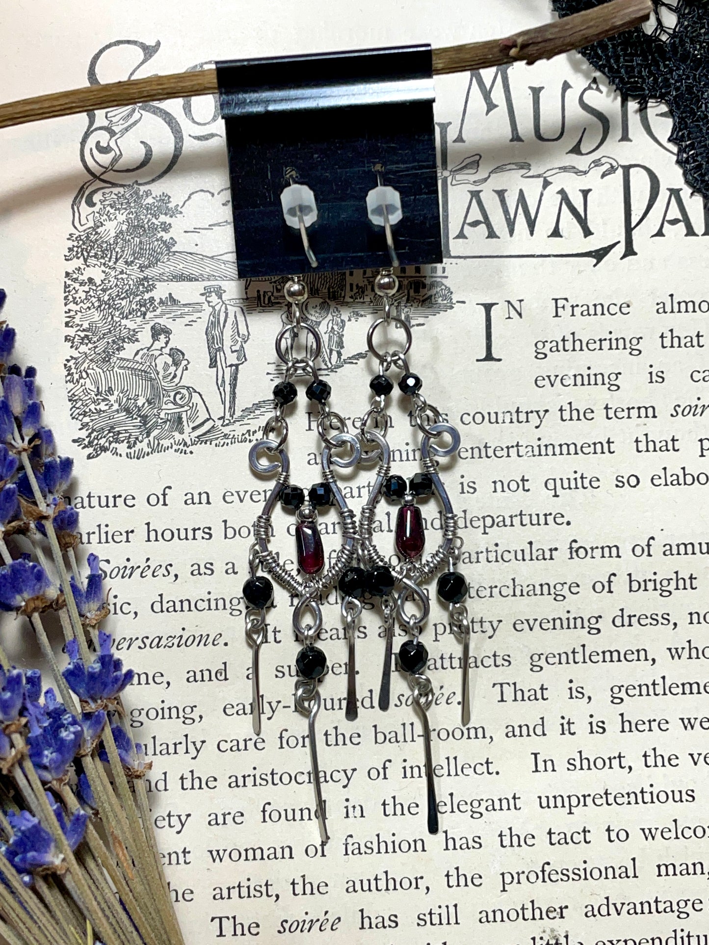 Onyx and Garnet Chandelier Earrings in Stainless Steel
