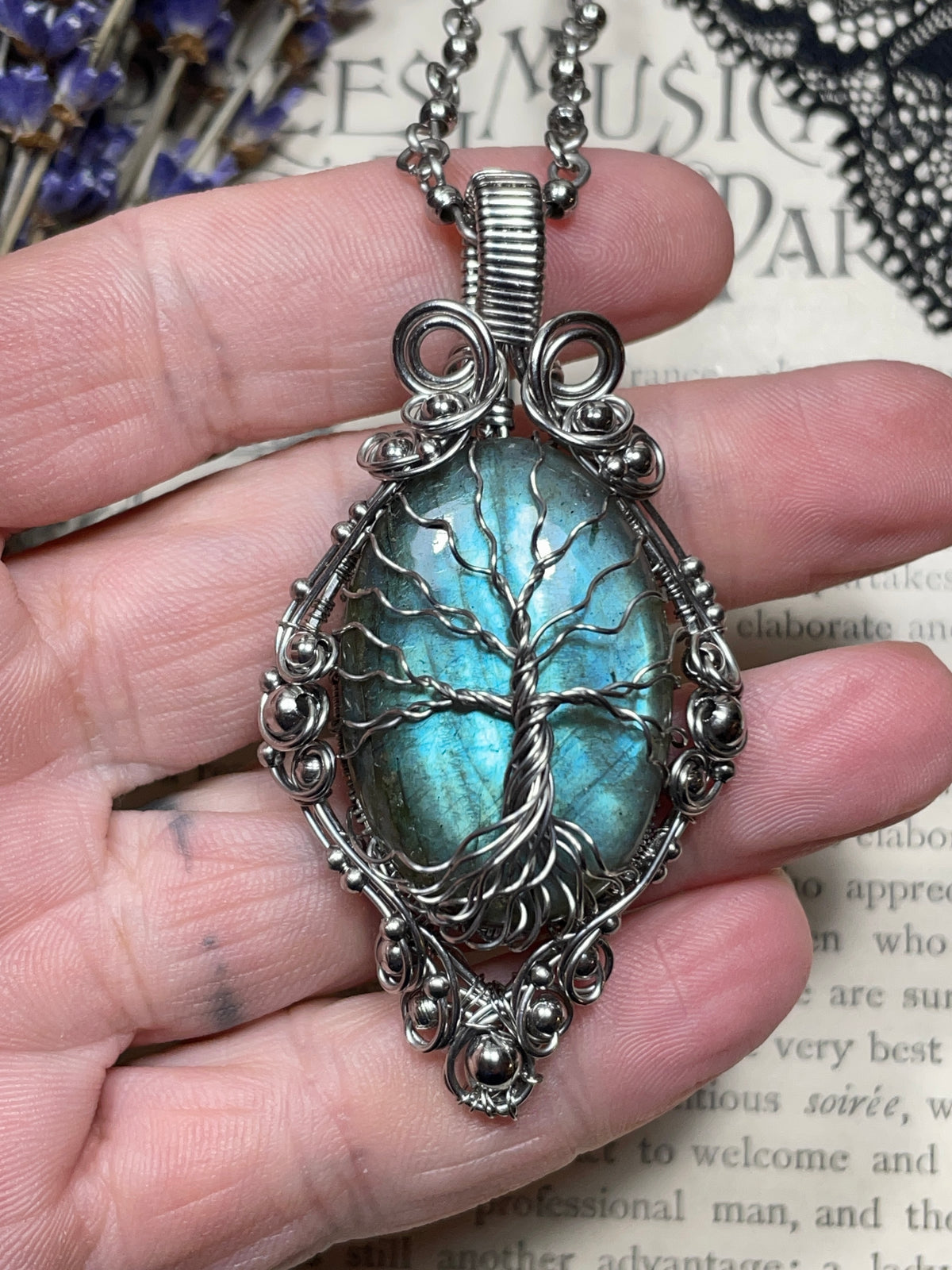 Labradorite Tree of Life Pendant in Stainless Steel