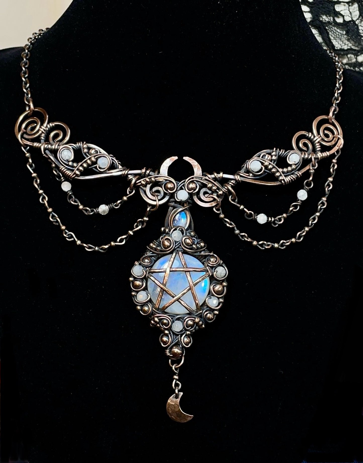 Moonstone (Rainbow Moonstone) Pentacle Collar in Copper