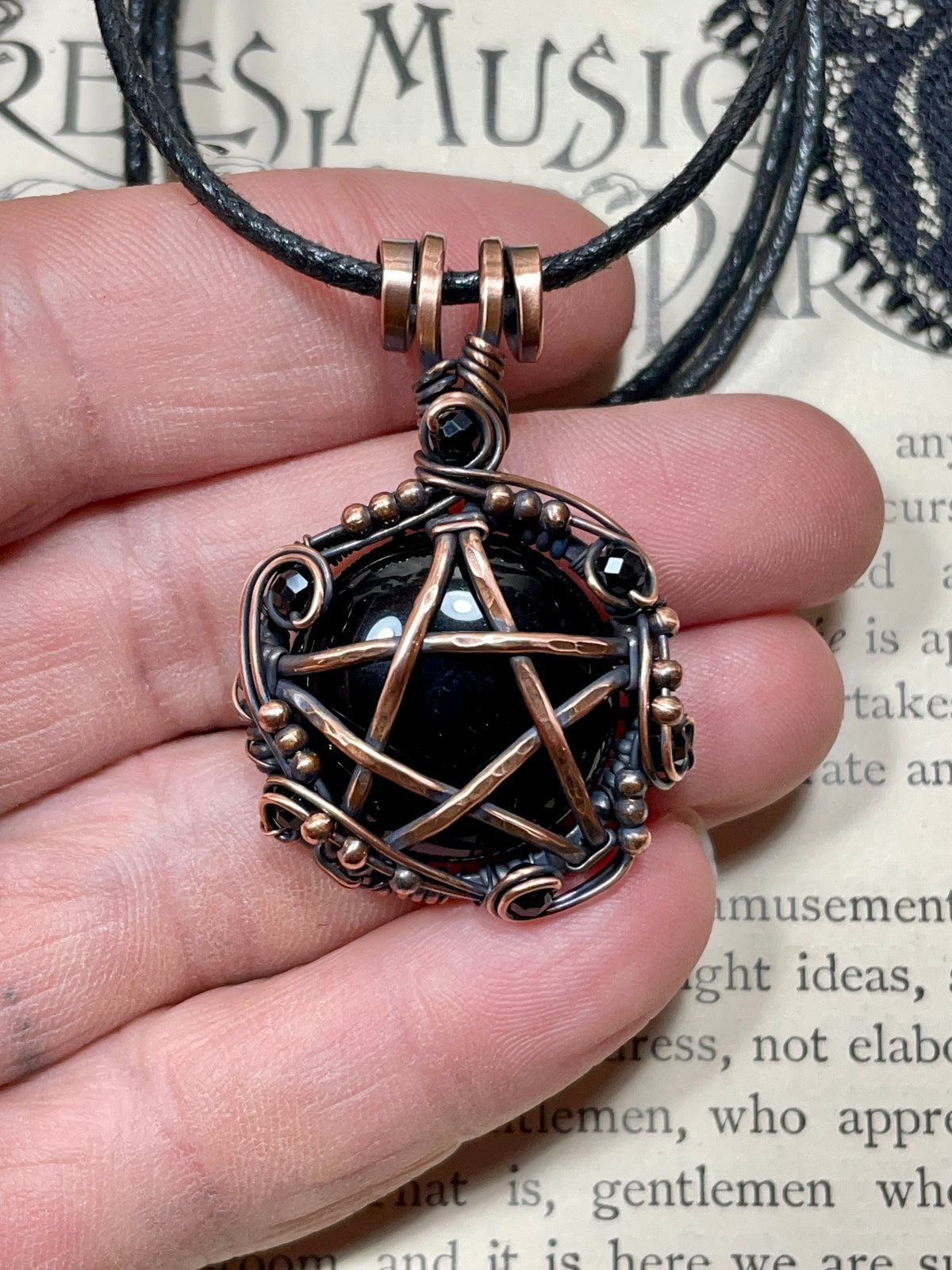 Onyx and Spinel Pentacle Pendant in Antiqued Copper