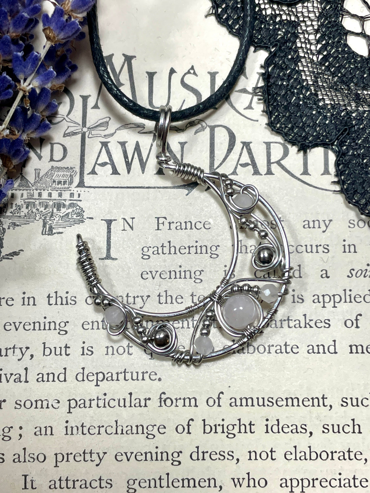 Rose Quartz Crescent Moon Pendant in Stainless Steel