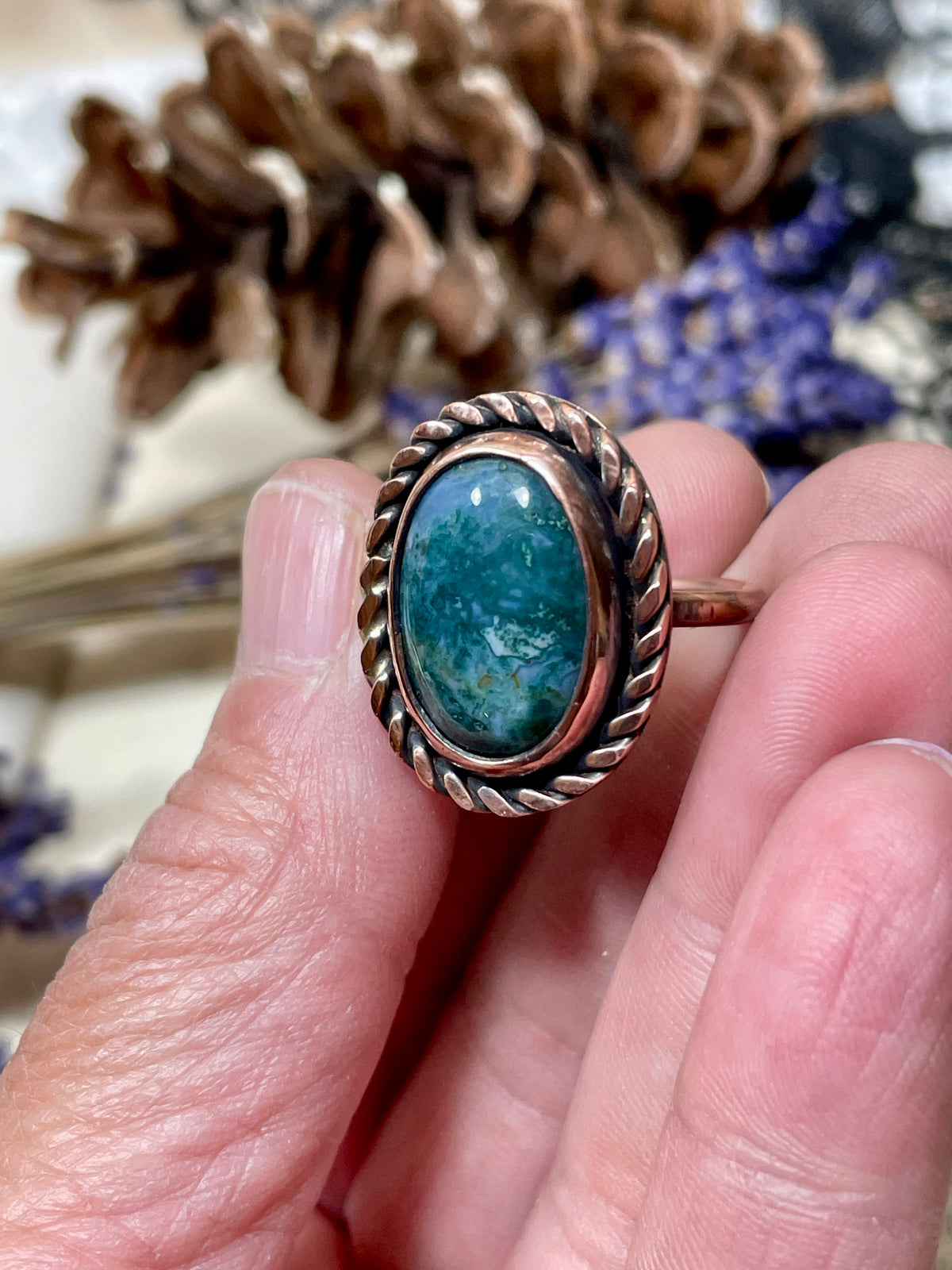Moss Agate Copper Ring Size 7.5