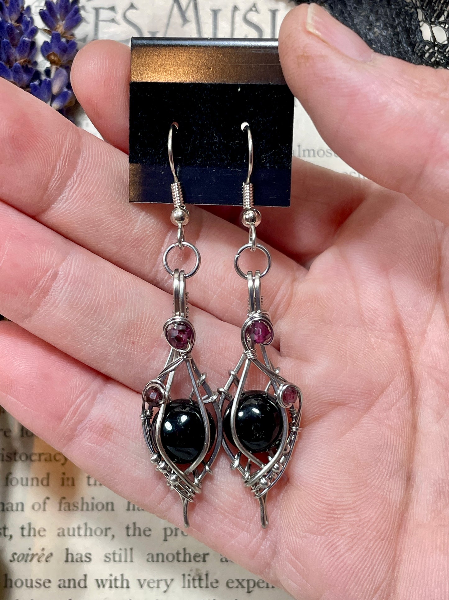Onyx and Garnet Earrings in Stainless Steel