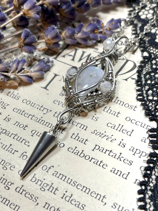 Moonstone (Rainbow Monstone) Pendant in Stainless Steel