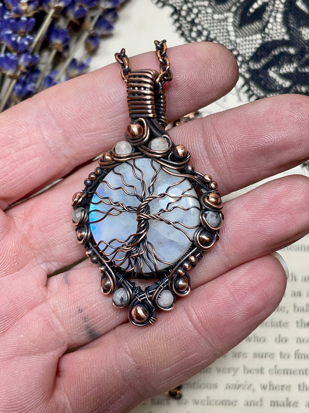 Moonstone (Rainbow Moonstone) Tree of Life Pendant in Antiqued Copper