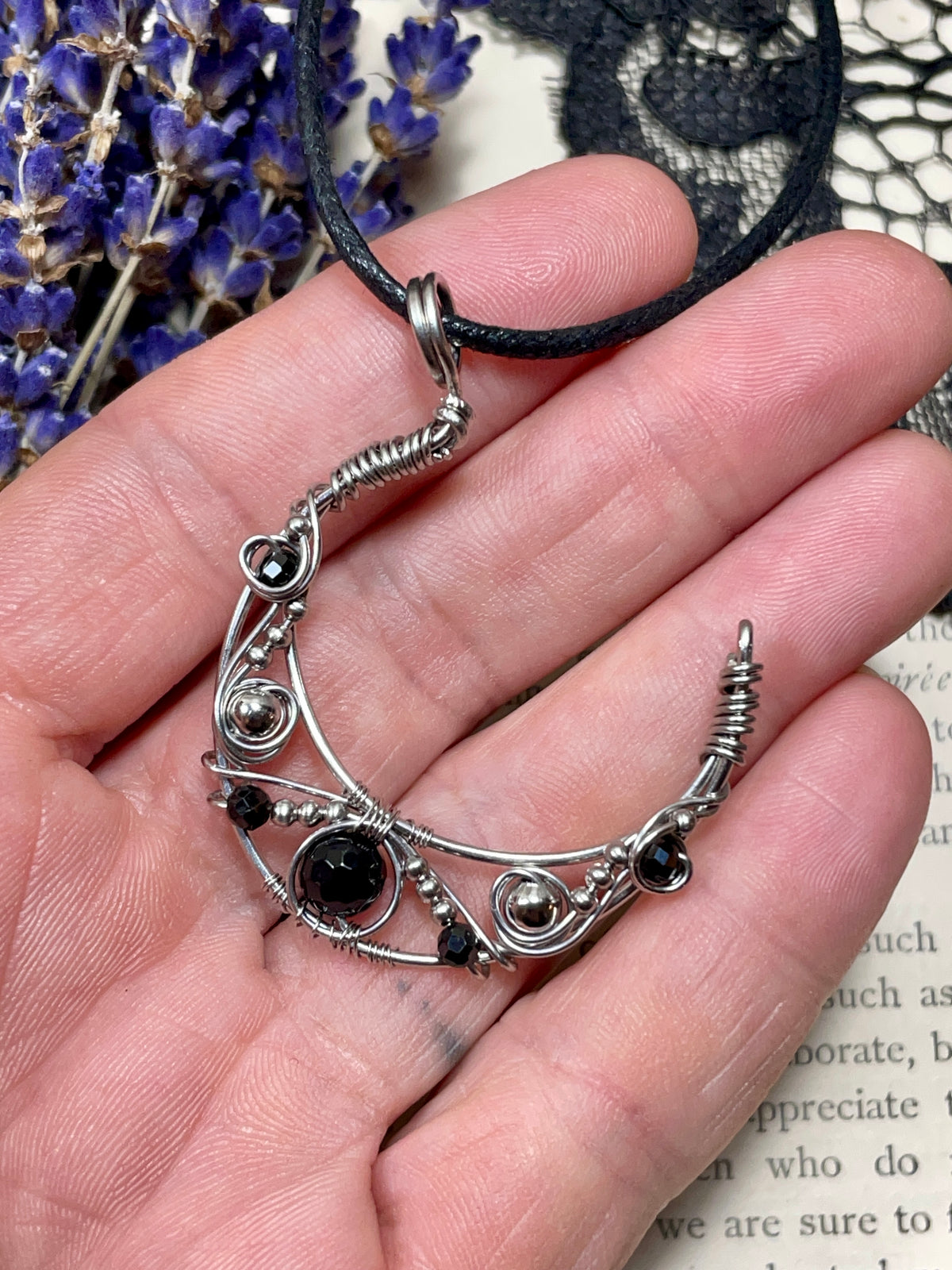 Onyx and Spinel Crescent Moon Pendant in Stainless Steel (Copy)
