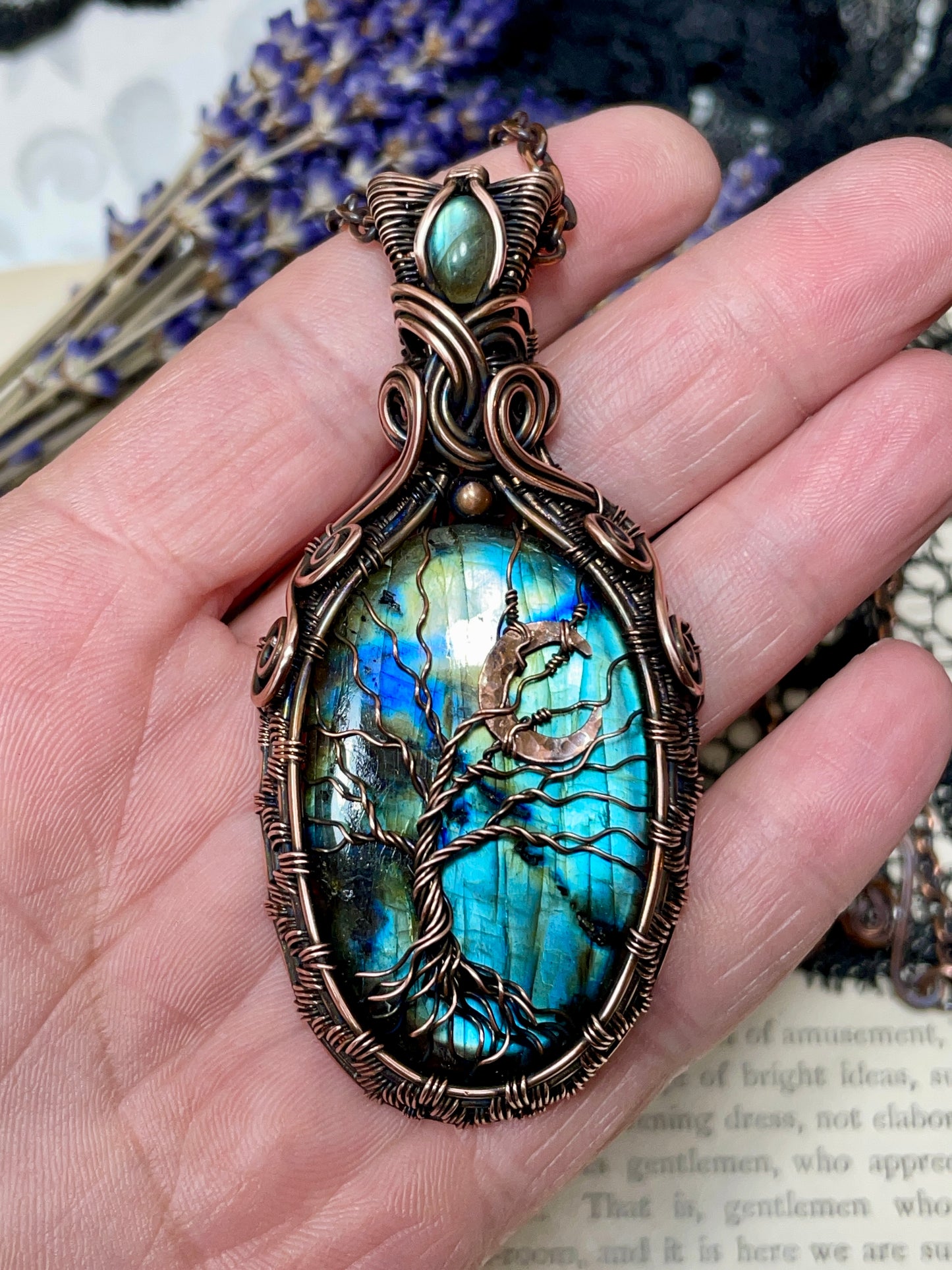 Labradorite Crescent Moon Tree of Life Amulet in Copper