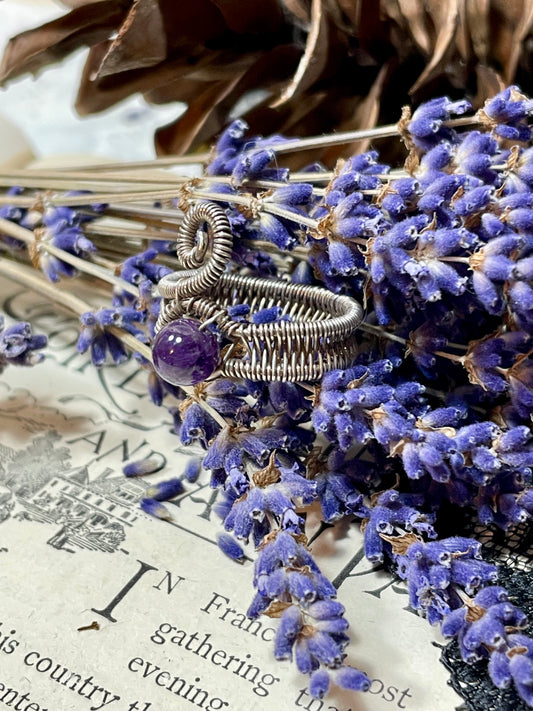 Amethyst Bead Woven Sterling Silver Ring