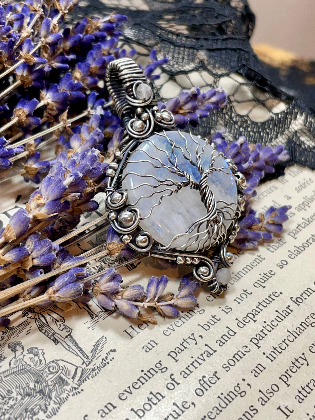 Moonstone (Rainbow Moonstone) Tree of Life Pendant in Sterling Silver