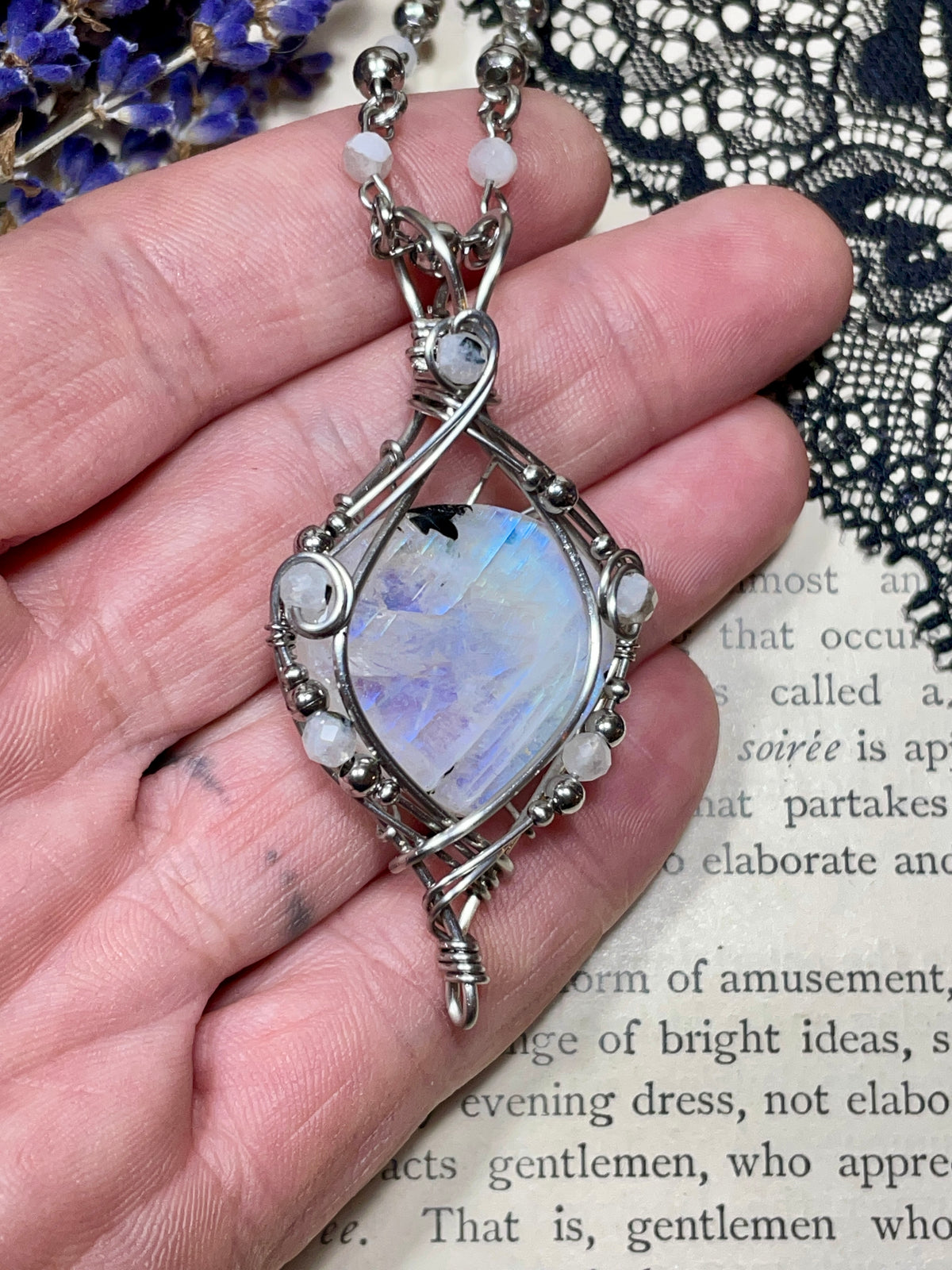 Moonstone (Rainbow Moonstone) Pendant in Stainless Steel