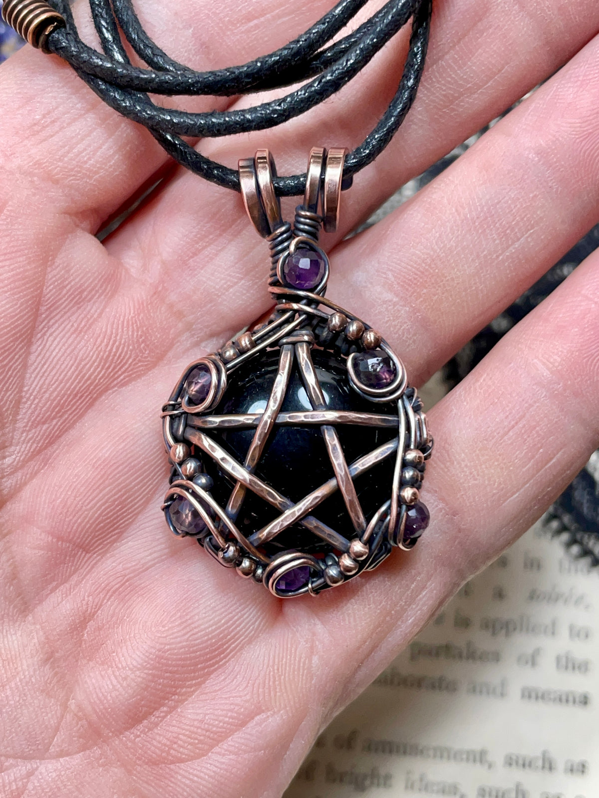 Onyx and Amethyst Pentacle Pendant in Antiqued Copper