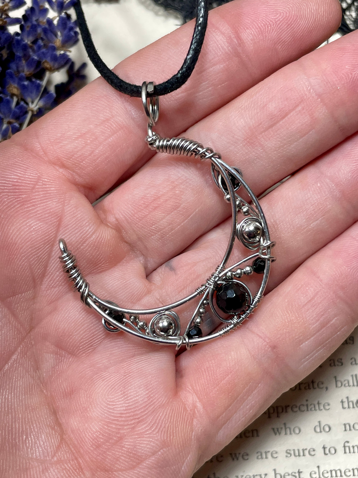 Onyx and Spinel Crescent Moon Pendant in Stainless Steel (Copy)