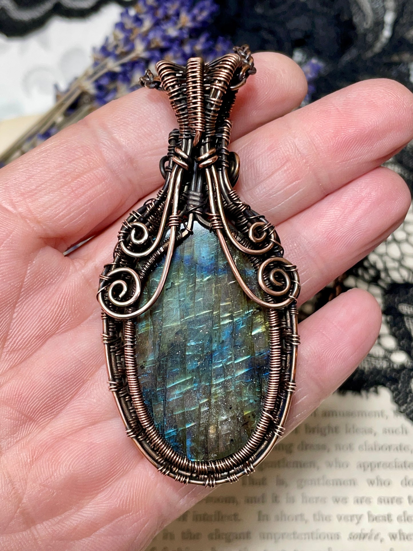 Labradorite Crescent Moon Tree of Life Amulet in Copper