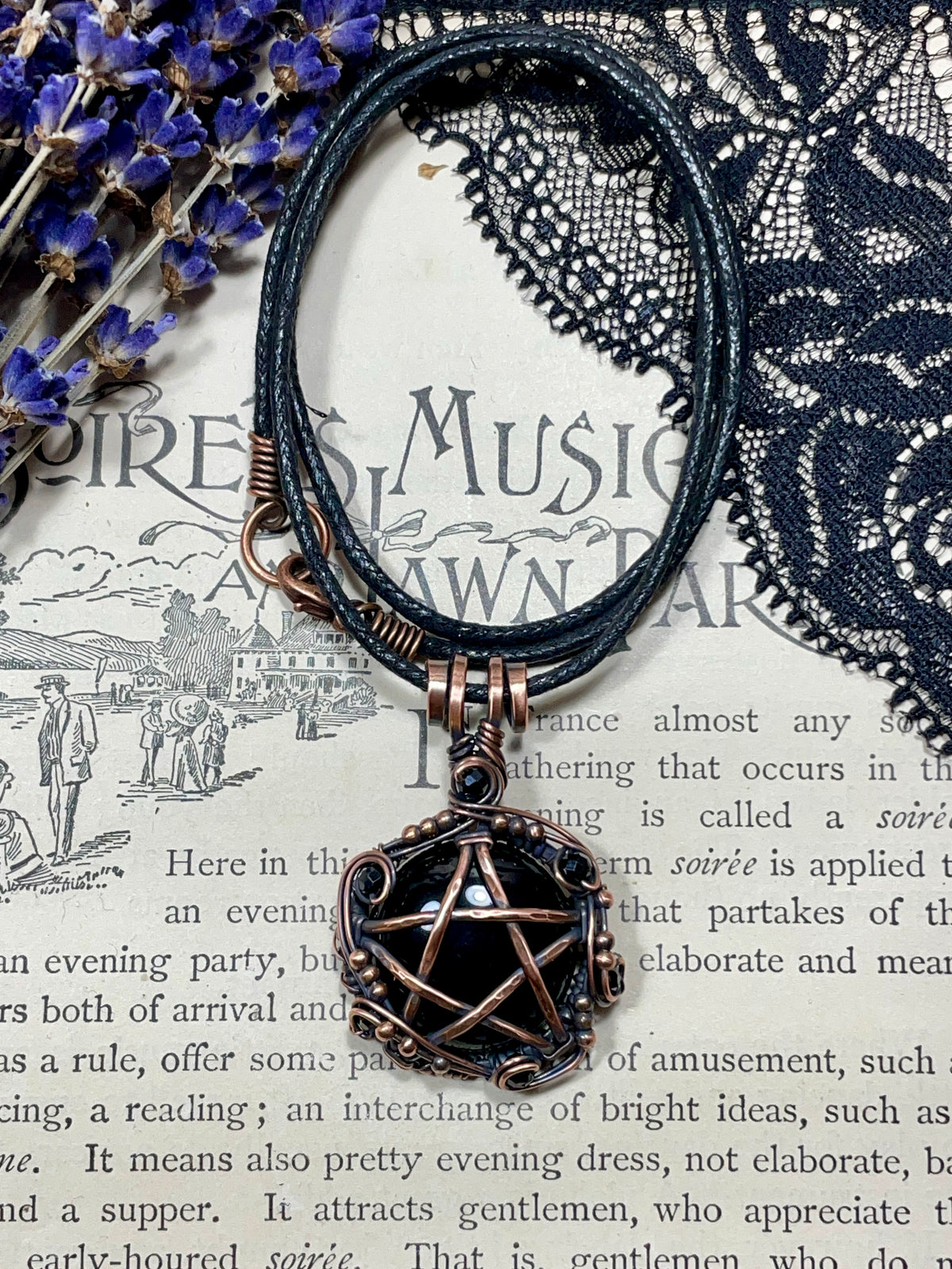 Onyx and Spinel Pentacle Pendant in Antiqued Copper