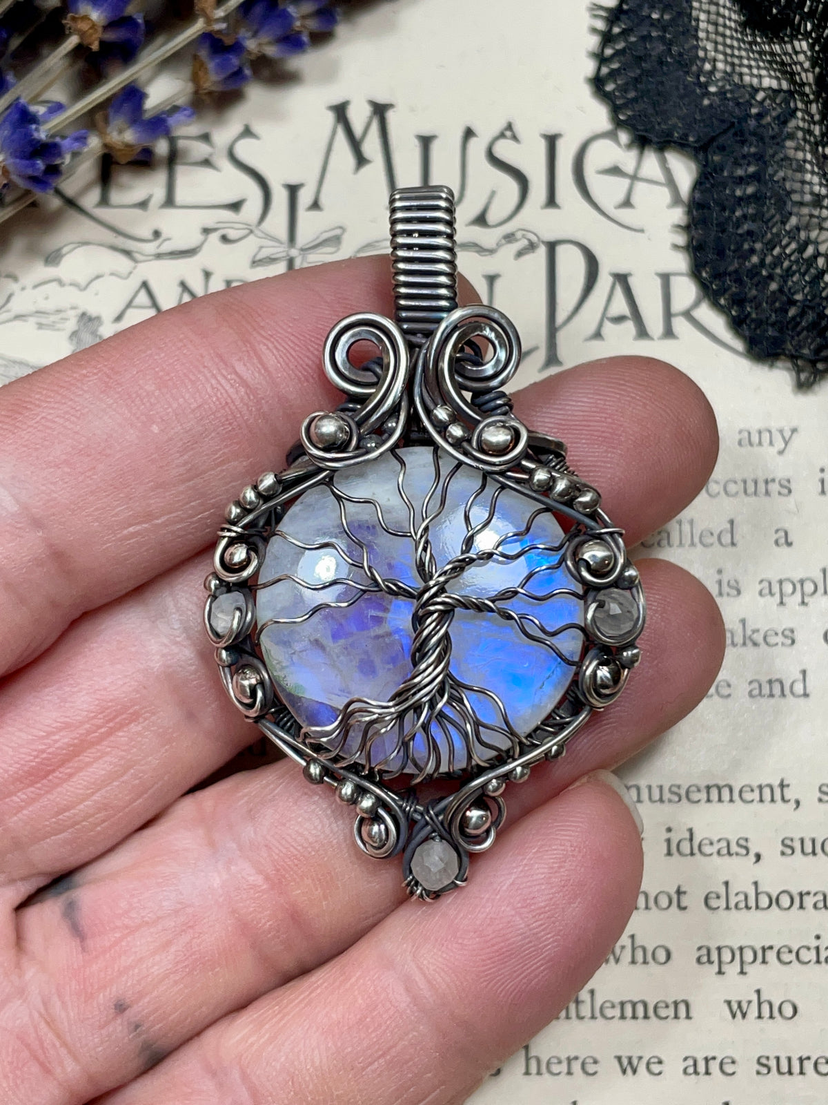 Moonstone (Rainbow Moonstone) Tree of Life Pendant in Sterling Silver