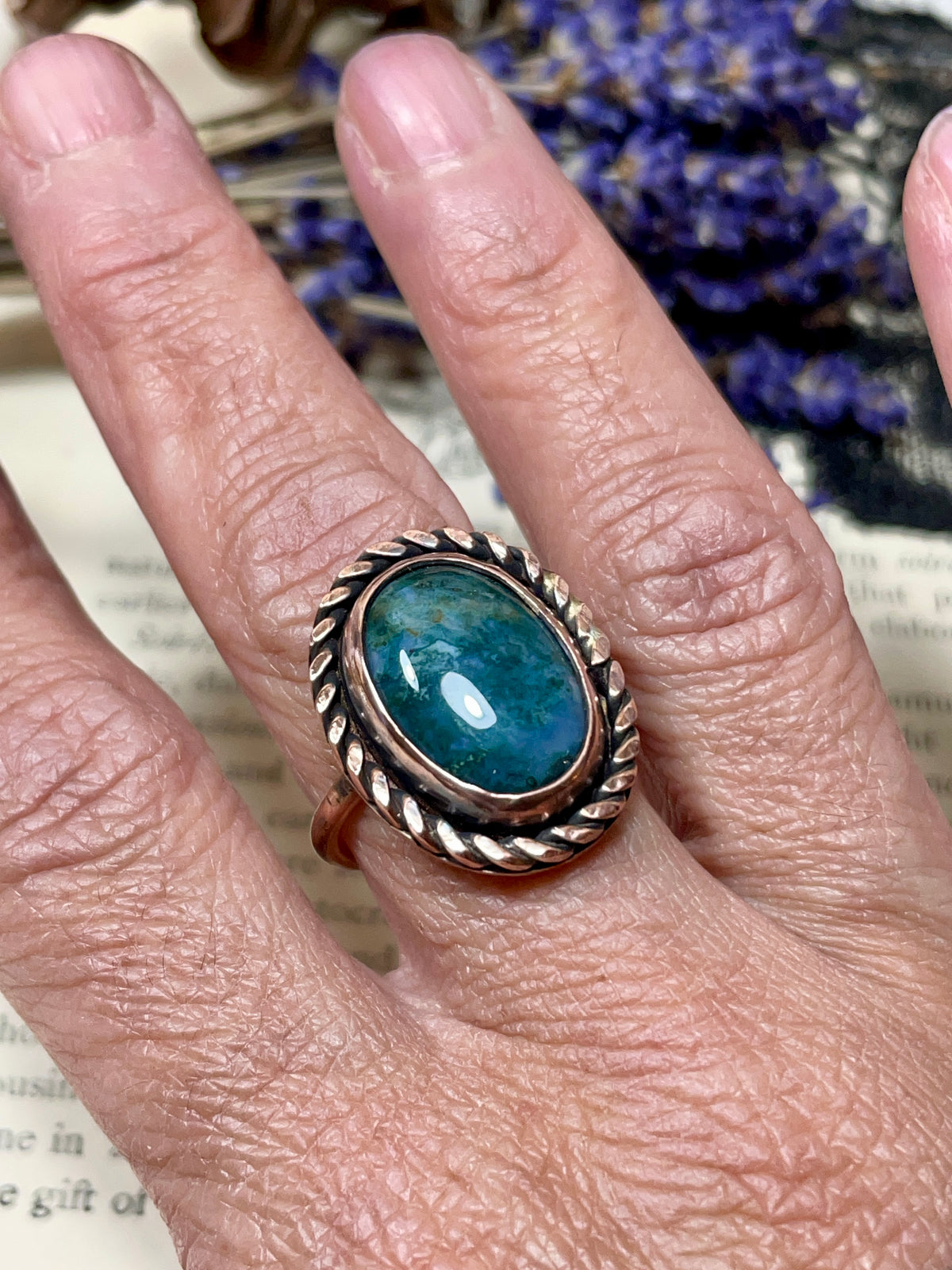 Moss Agate Copper Ring Size 7.5
