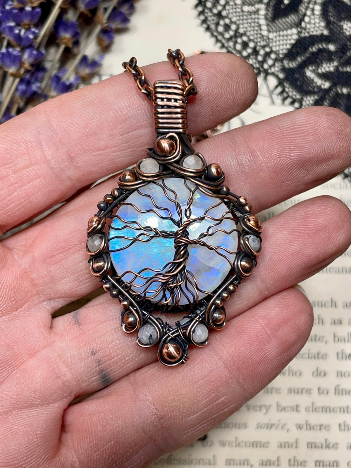 Moonstone (Rainbow Moonstone) Tree of Life Pendant in Antiqued Copper