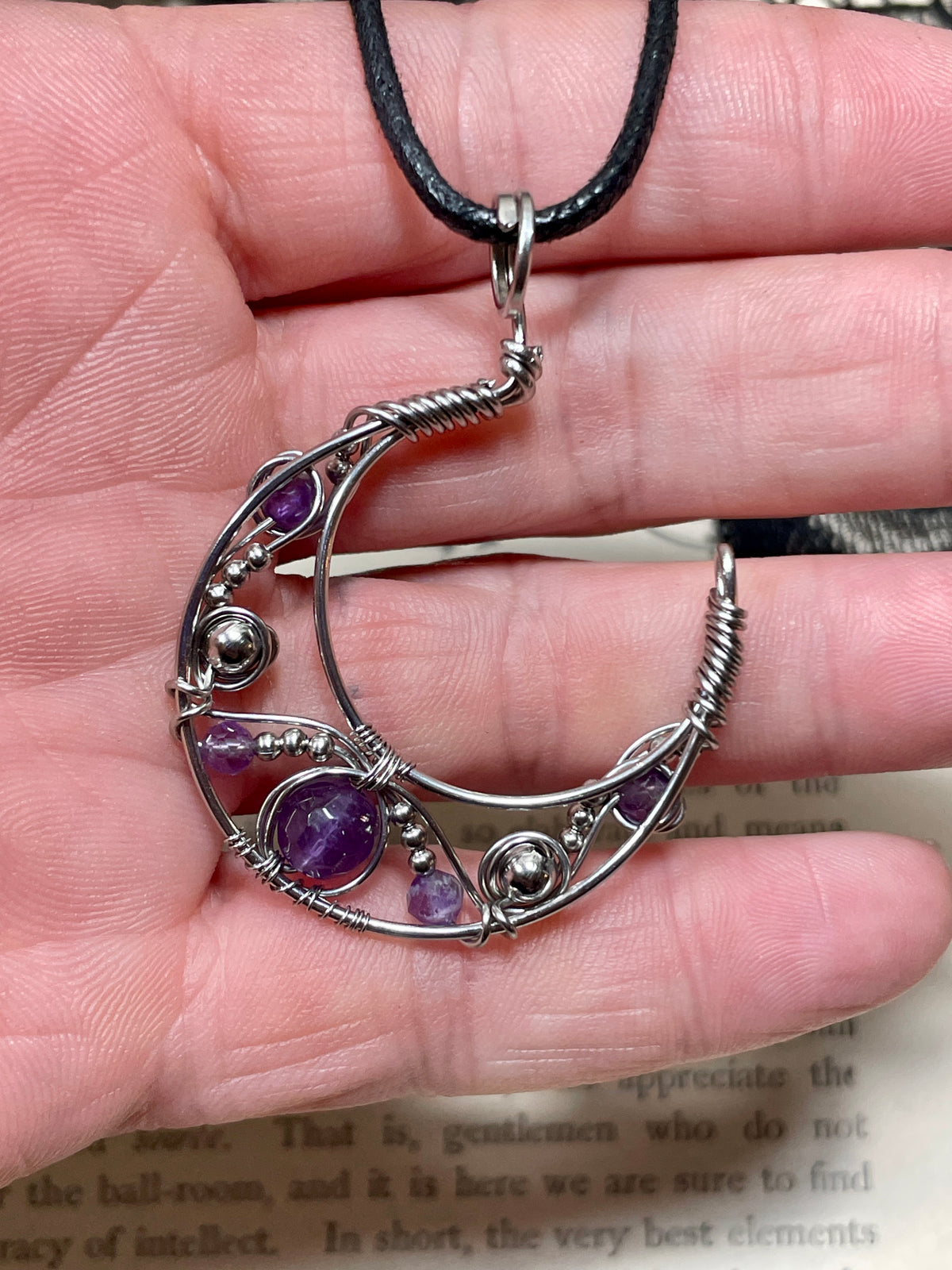 Amethyst Crescent Moon Pendant in Stainless Steel