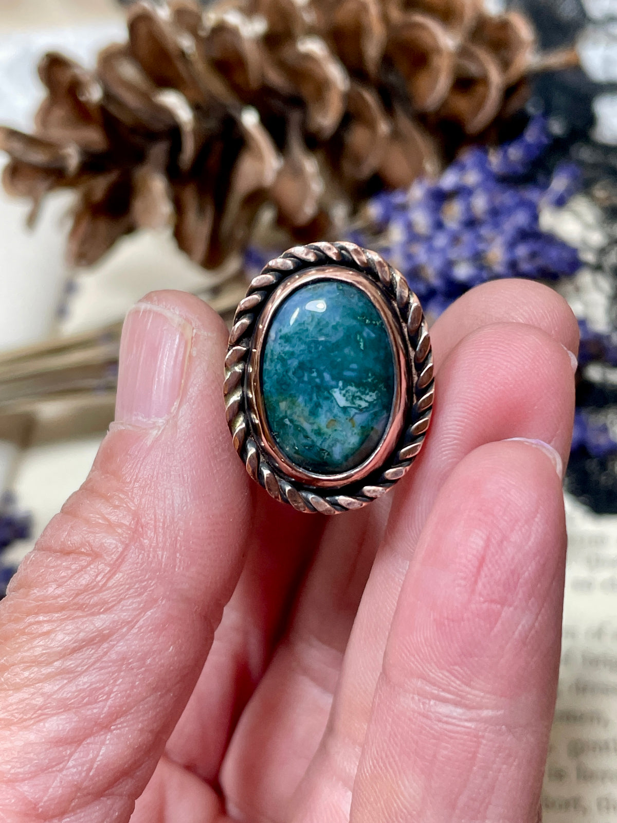 Moss Agate Copper Ring Size 7.5