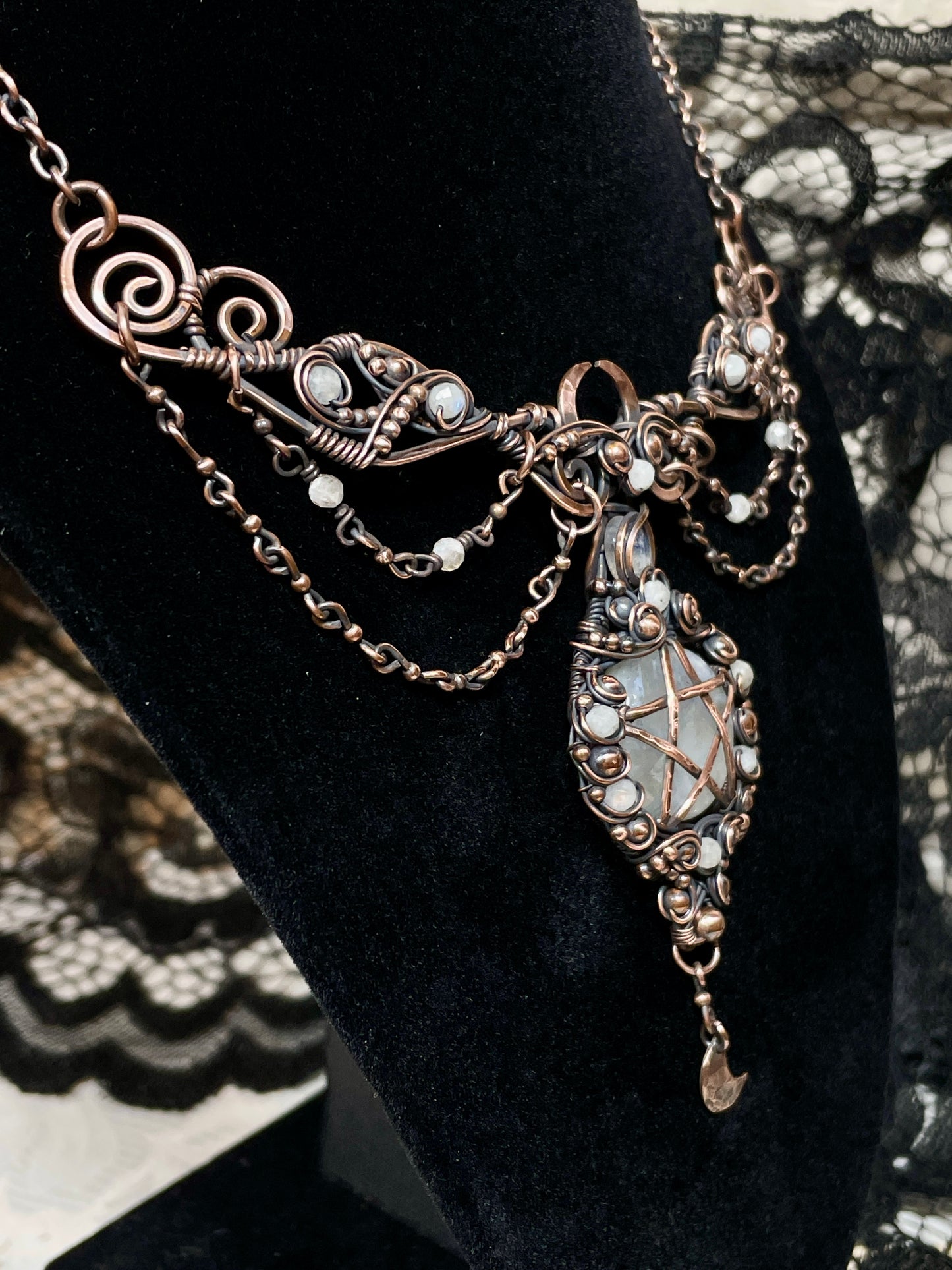 Moonstone (Rainbow Moonstone) Pentacle Collar in Copper