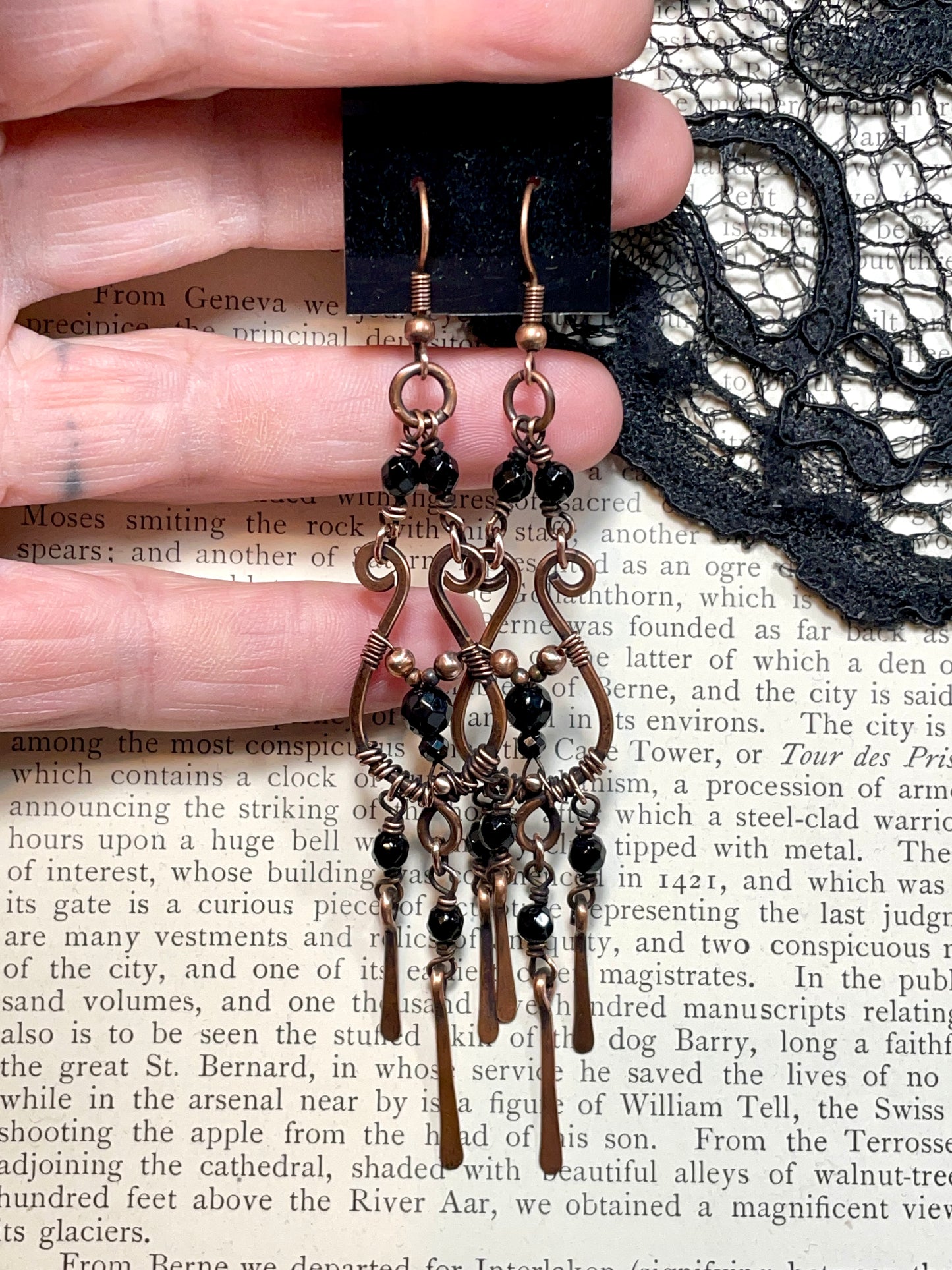 Onyx and Spinel Earrings in Copper