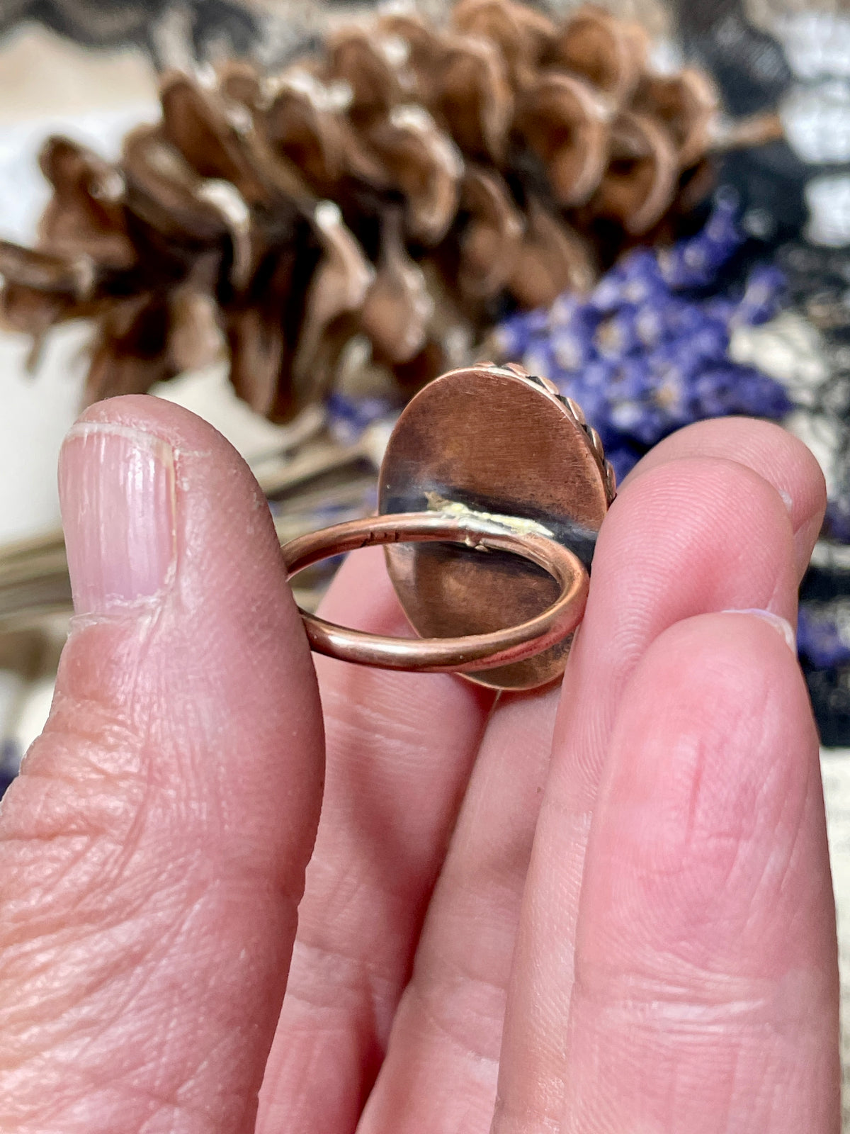 Moss Agate Copper Ring Size 7.5