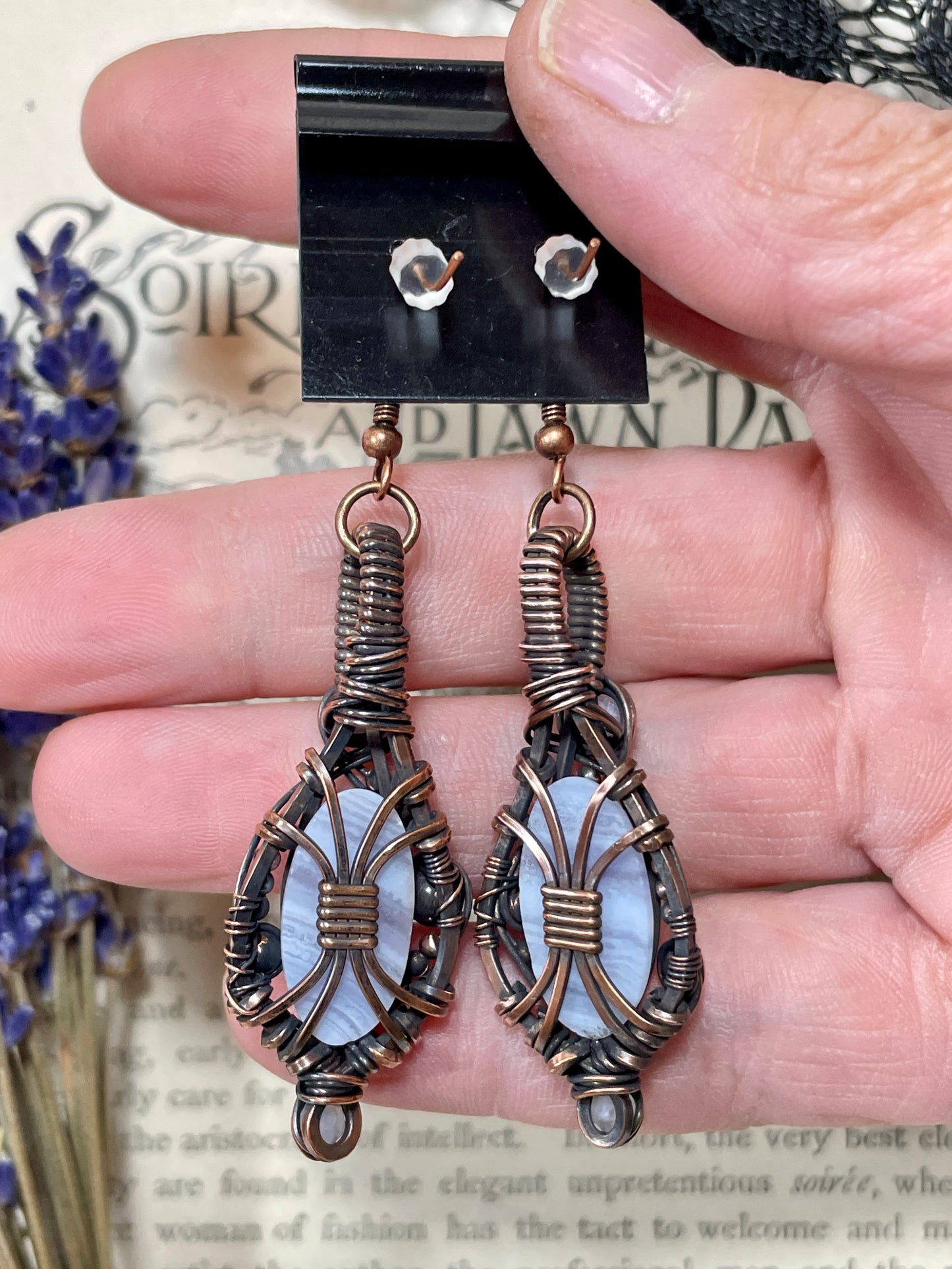 Blue Lace Agate Earrings in Copper