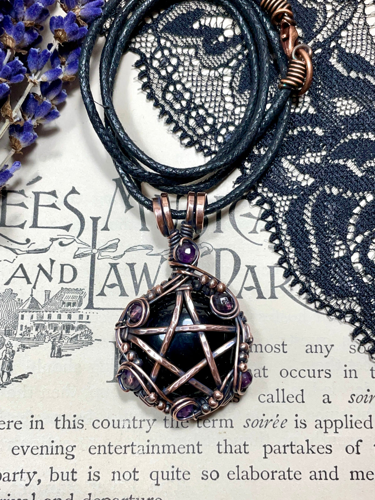 Onyx and Amethyst Pentacle Pendant in Antiqued Copper