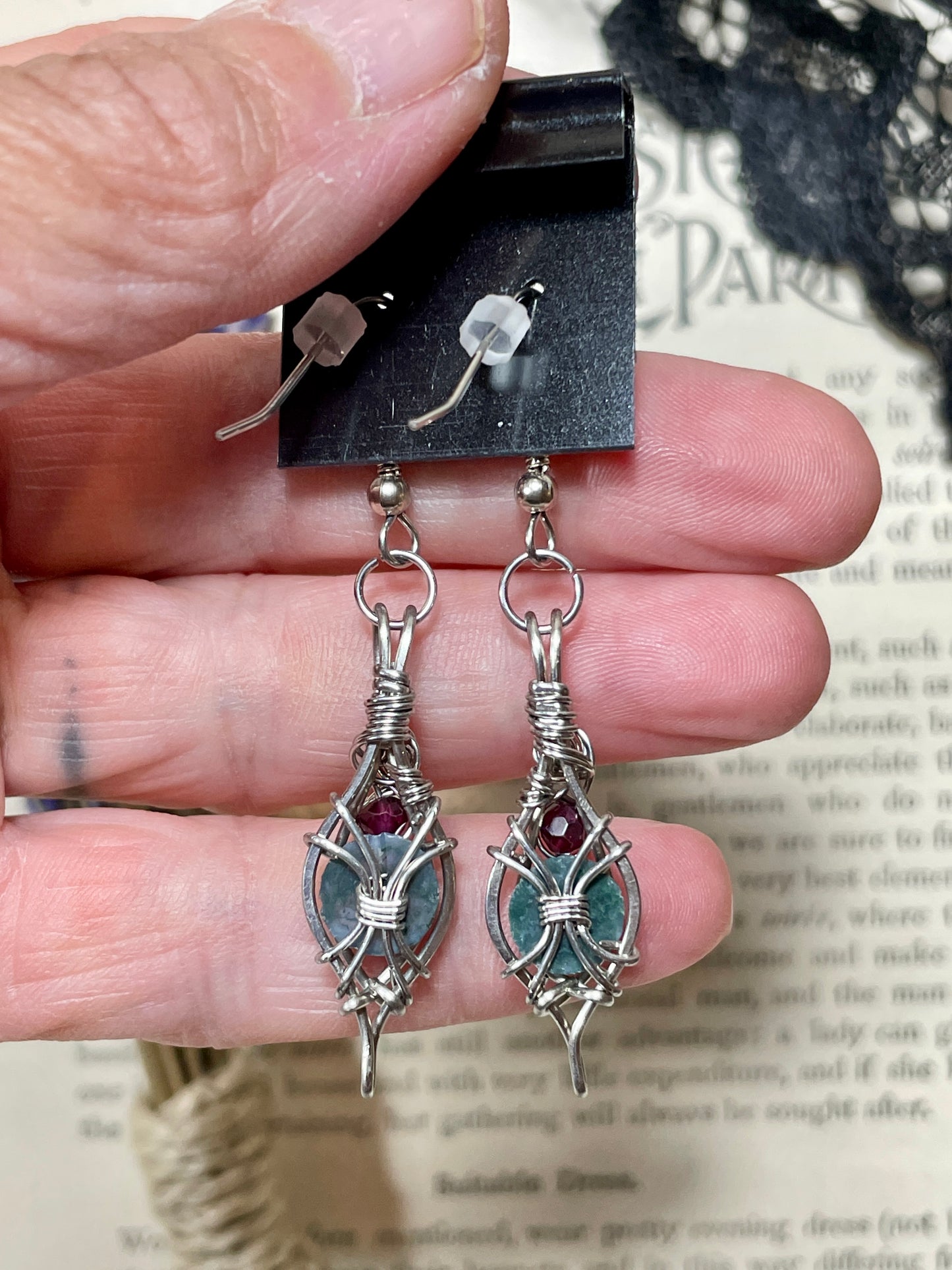 Moss Agate and Garnet Earrings in Stainless Steel