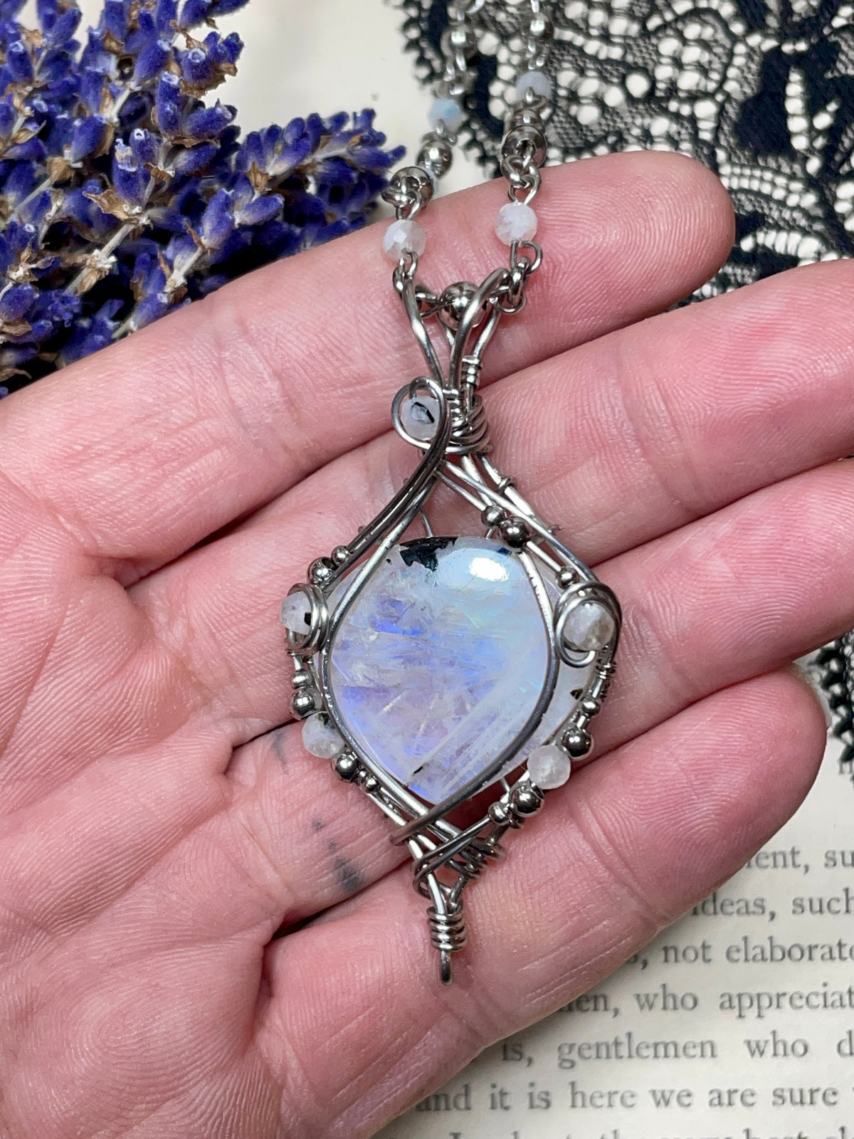 Moonstone (Rainbow Moonstone) Pendant in Stainless Steel