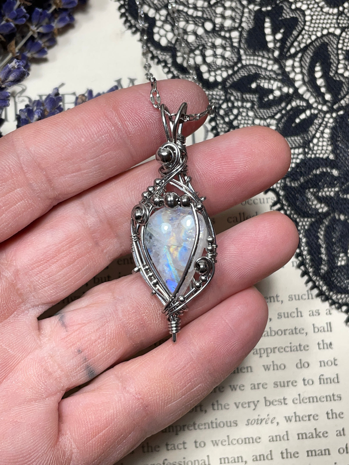 Moonstone (Rainbow Moonstone) Pendant in Stainless Steel