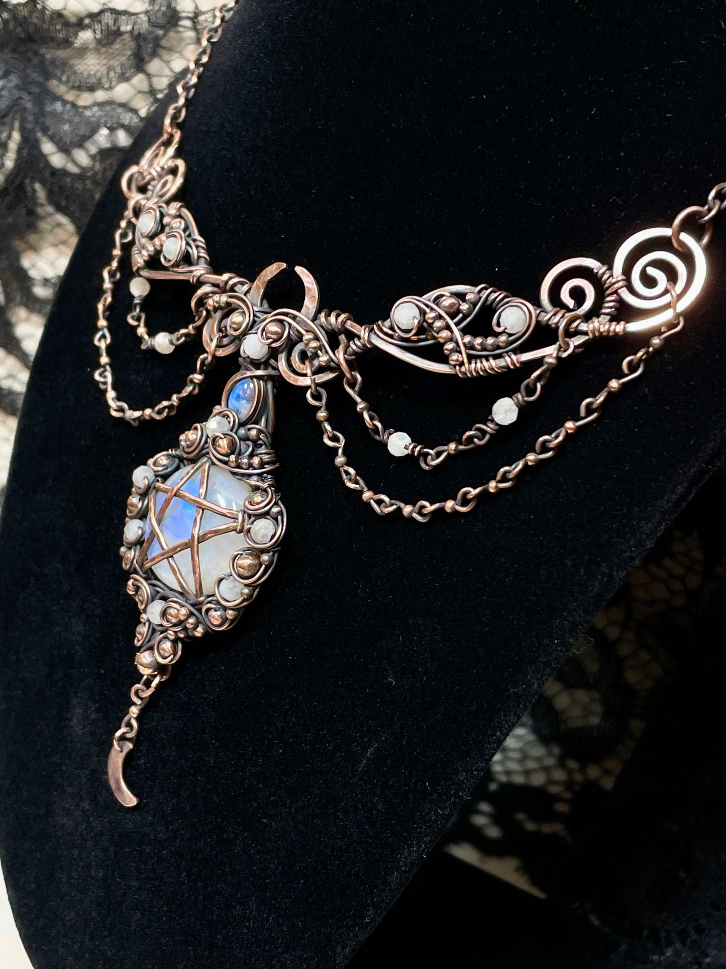 Moonstone (Rainbow Moonstone) Pentacle Collar in Copper