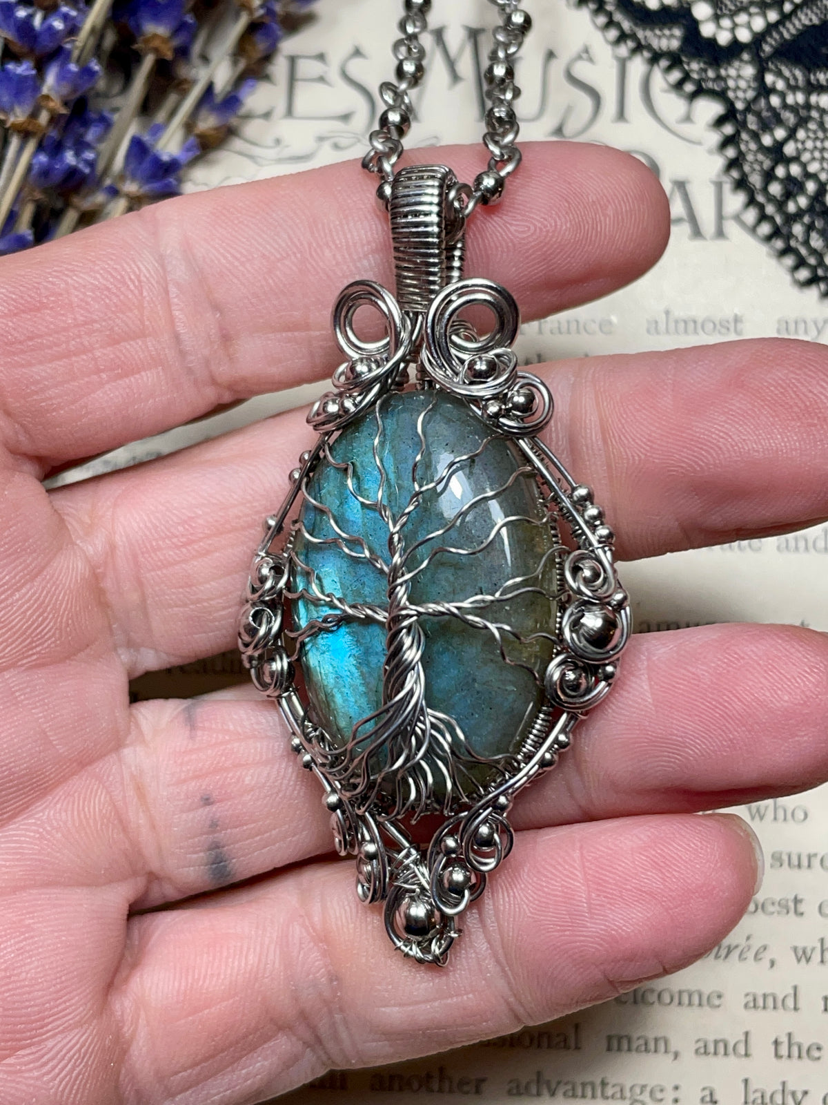 Labradorite Tree of Life Pendant in Stainless Steel