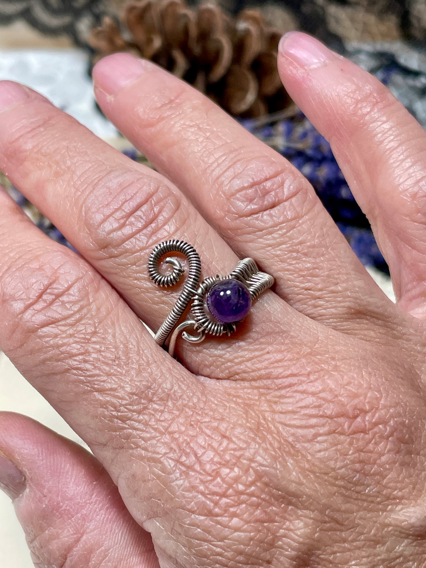 Amethyst Bead Woven Sterling Silver Ring