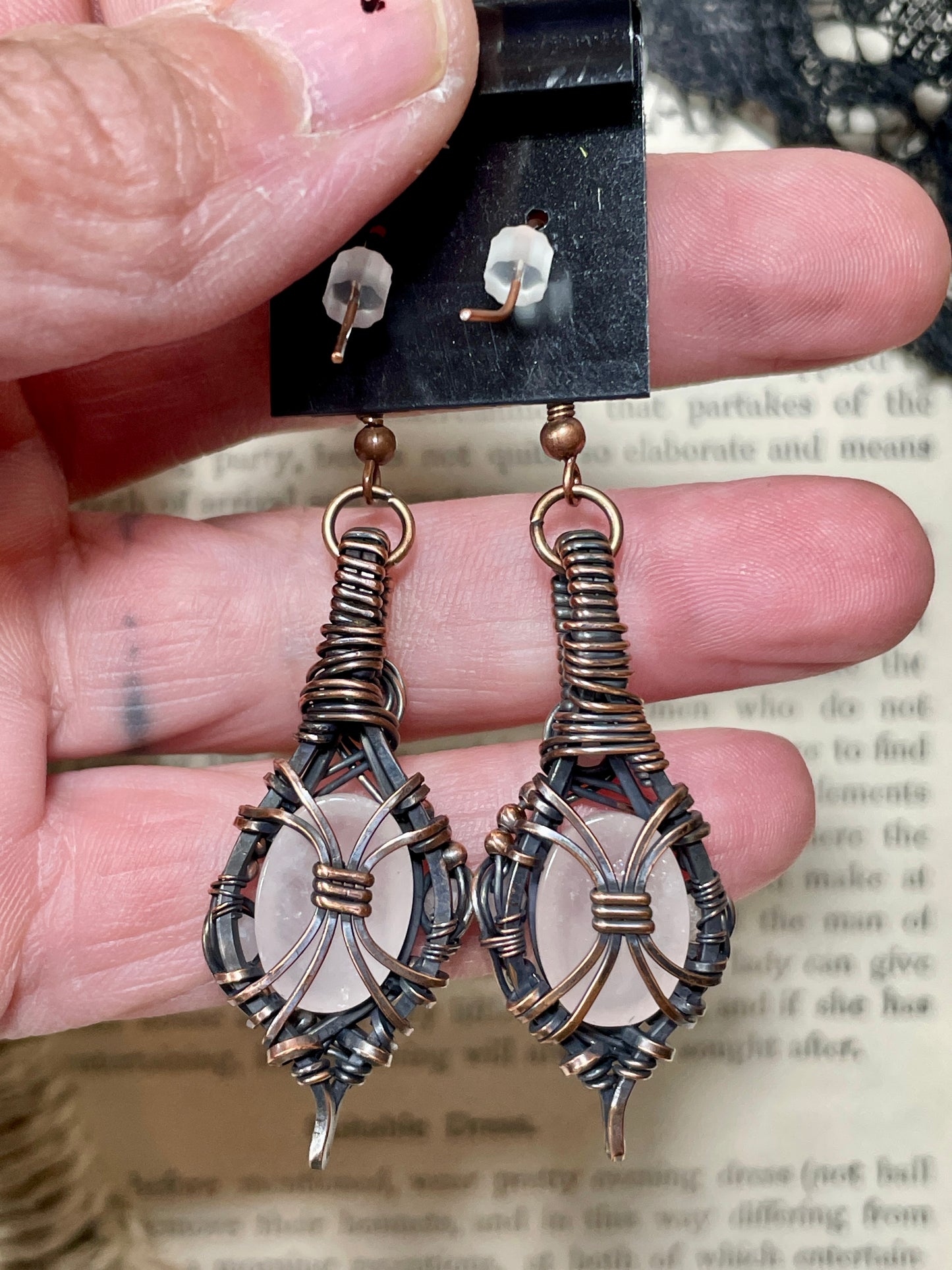 Rose Quartz Earrings in Copper