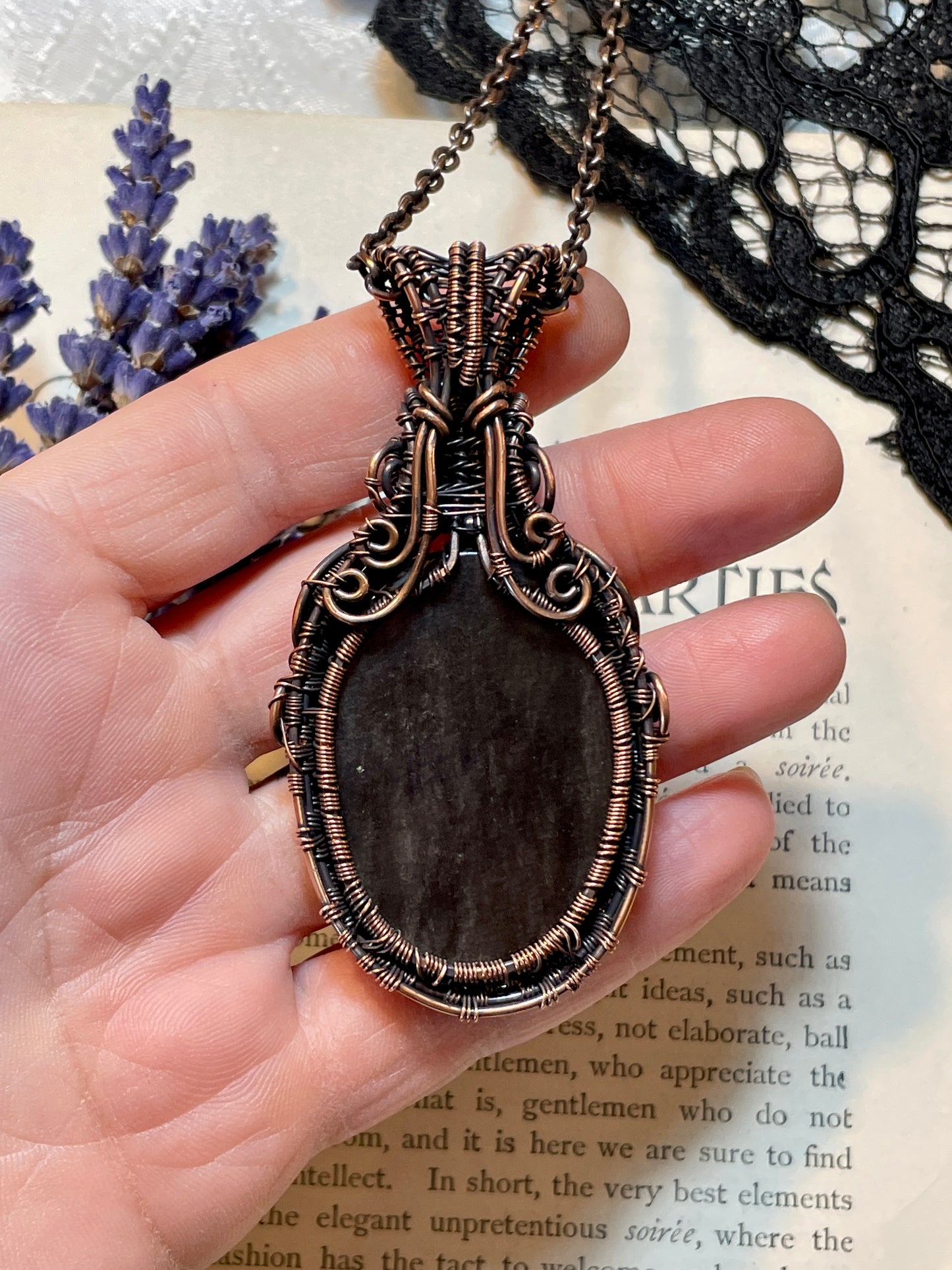 Obsidian (Silver Sheen Obsidian) Tree of Life Crescent Moon Amulet in Copper