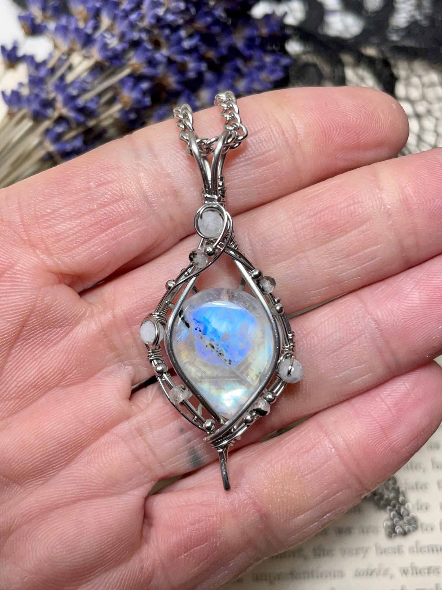 Moonstone (Rainbow Moonstone) Pendant in Stainless Steel