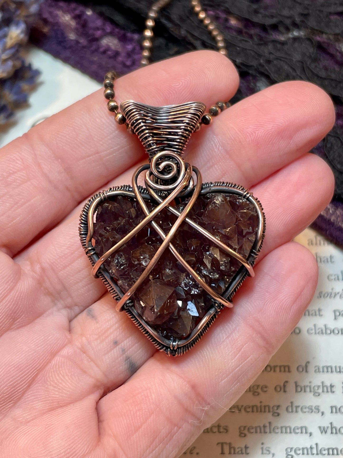 Amethyst Heart Pendant (Thunder Bay, Ontario Amethyst Cluster) in Copper